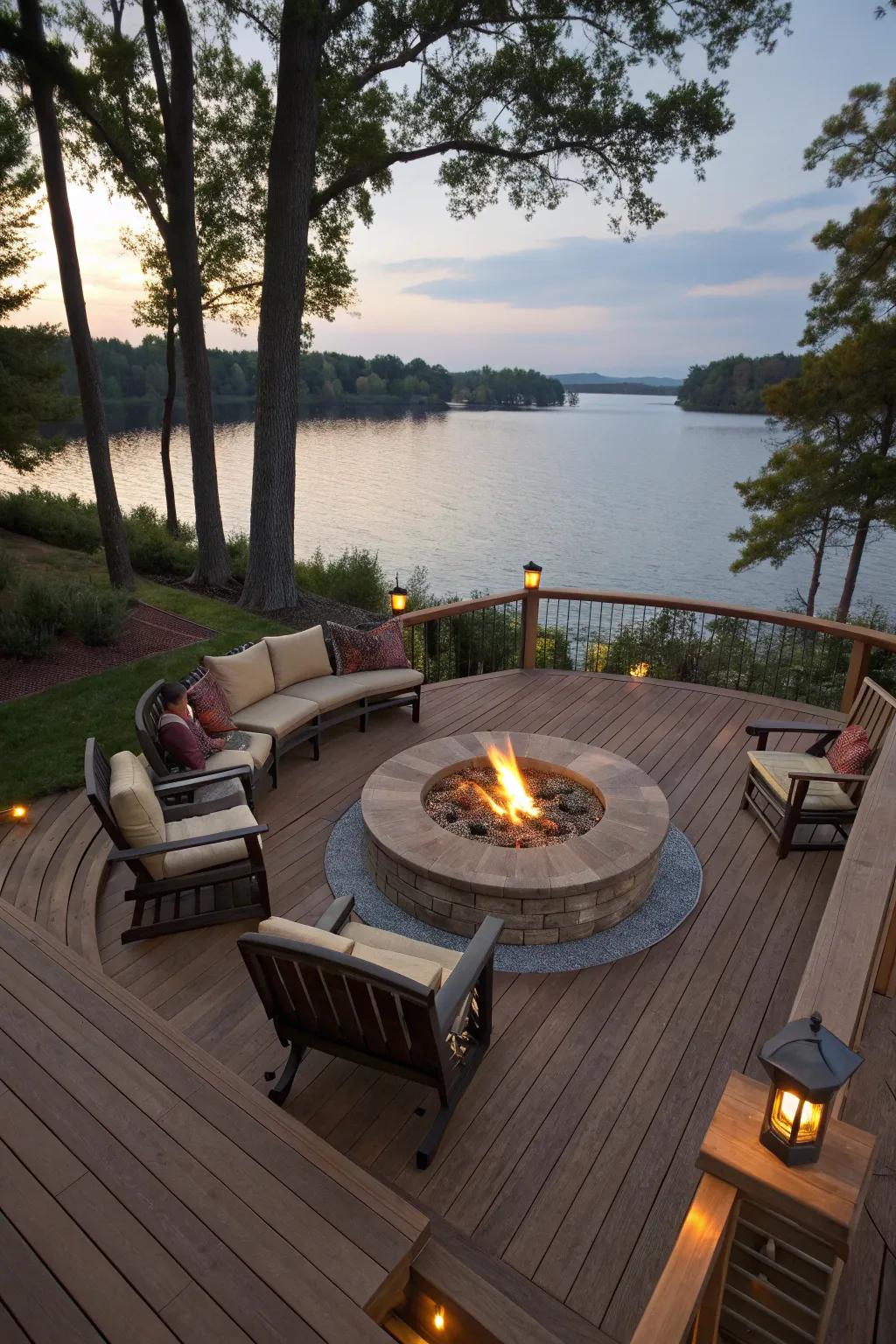 A fire pit creates a warm, inviting focal point on the deck.