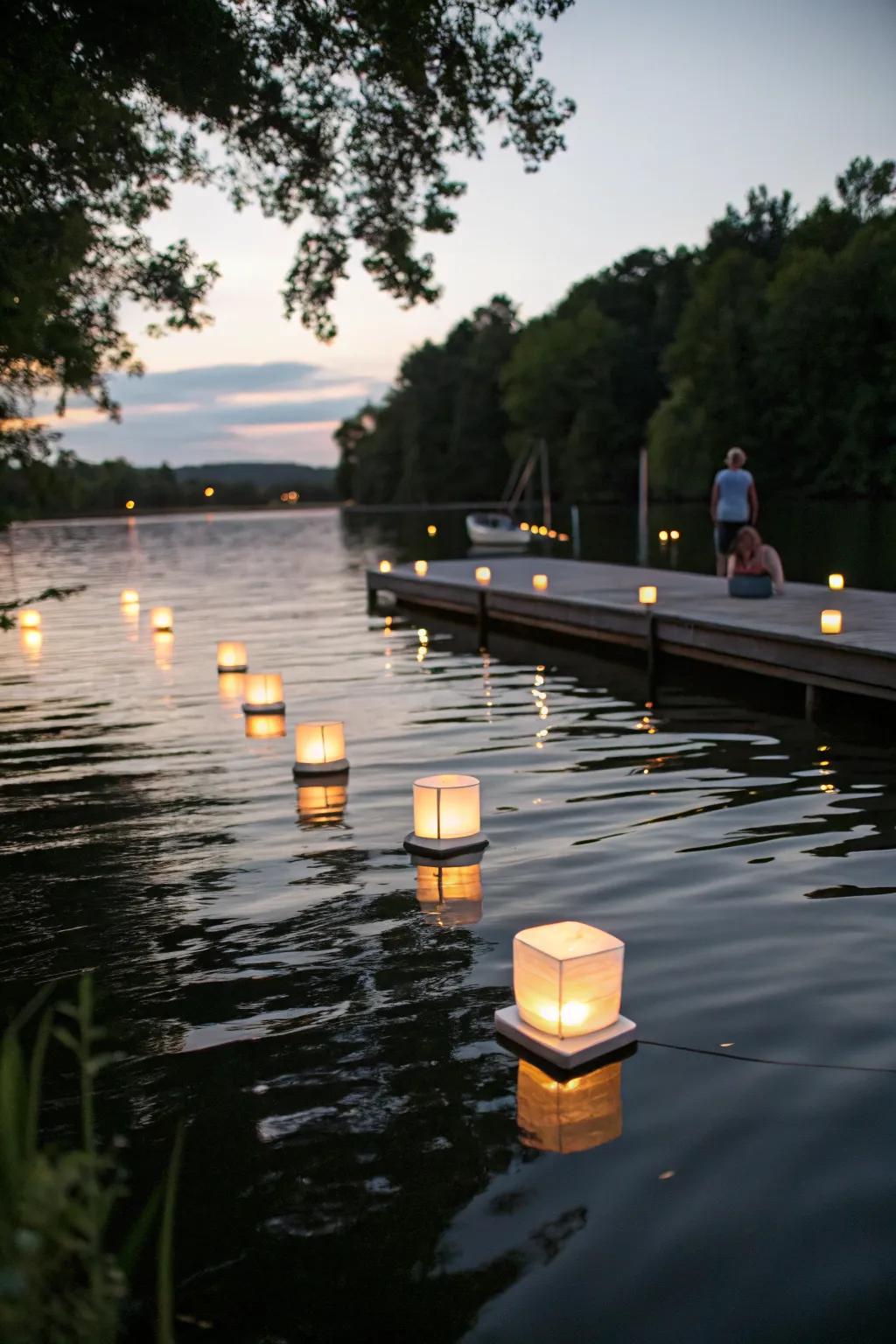 Floating lights add charm and functionality to this calm lakeside scene.