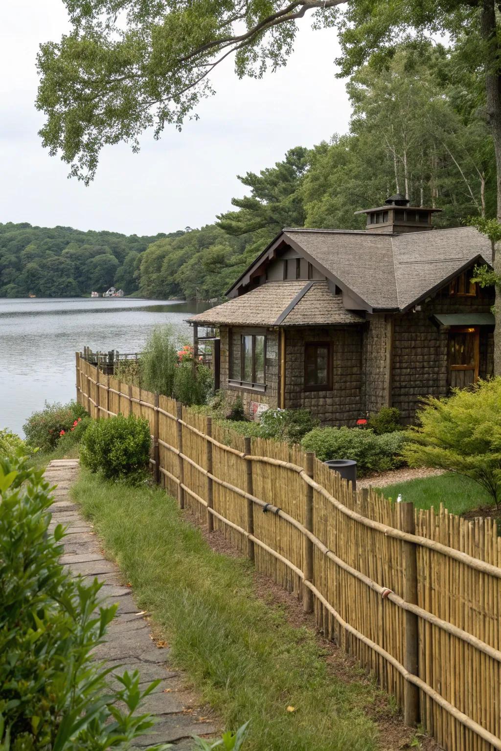 Eco-friendly bamboo fence for a natural lakeside vibe.