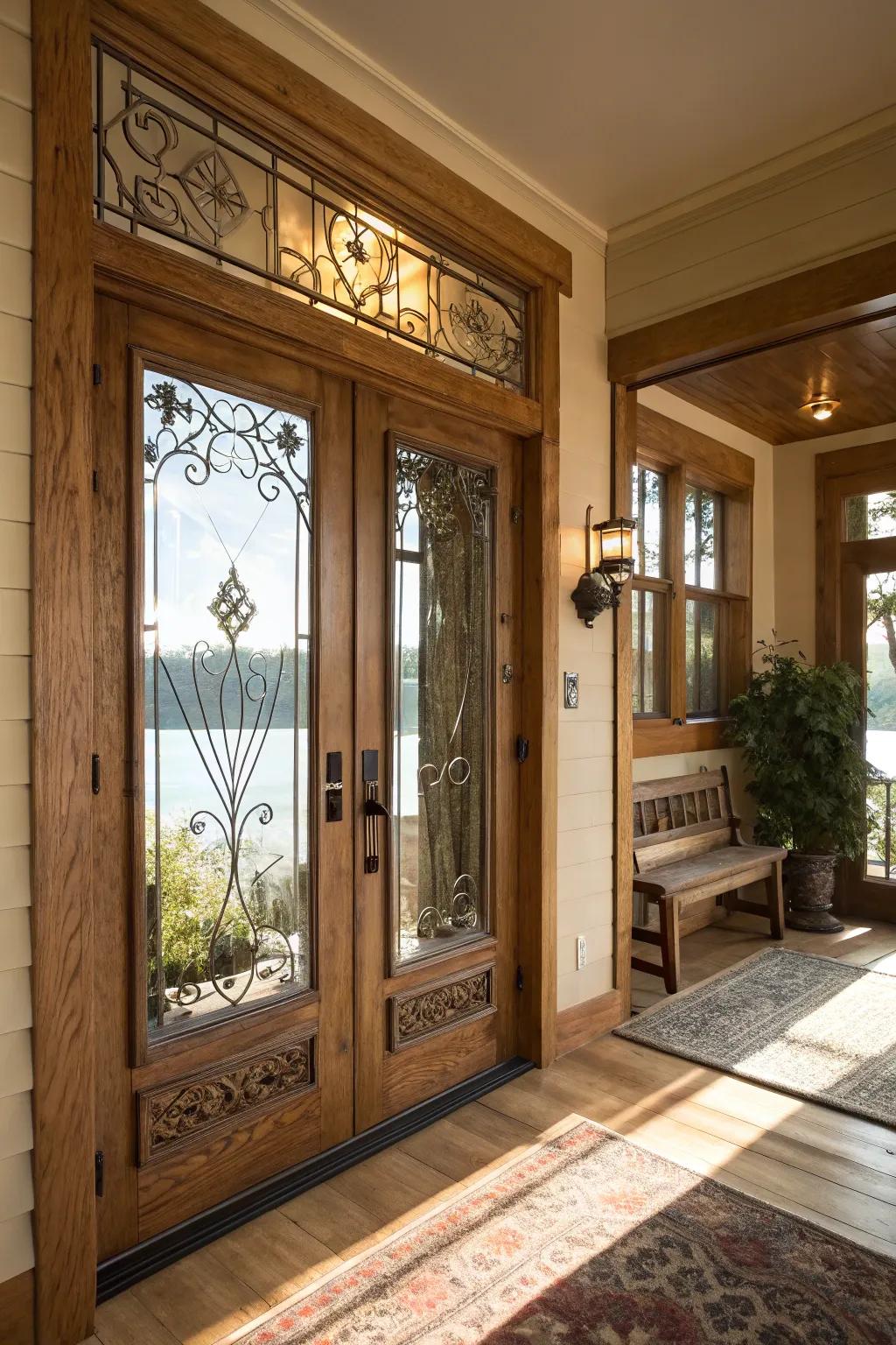 Glass panels in the front door bring in natural light.