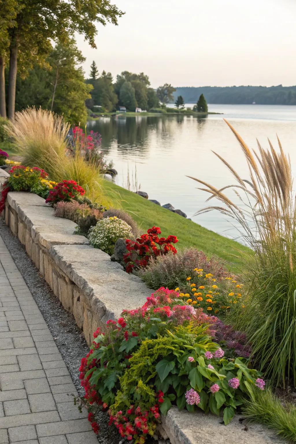 Landscaped seawalls blend nature's beauty with effective shoreline protection.