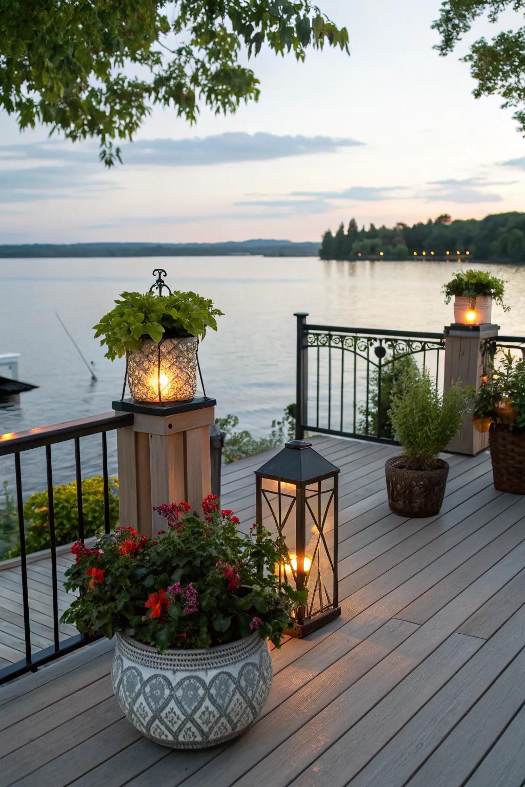 Decorative details add warmth and charm to a lakefront deck.