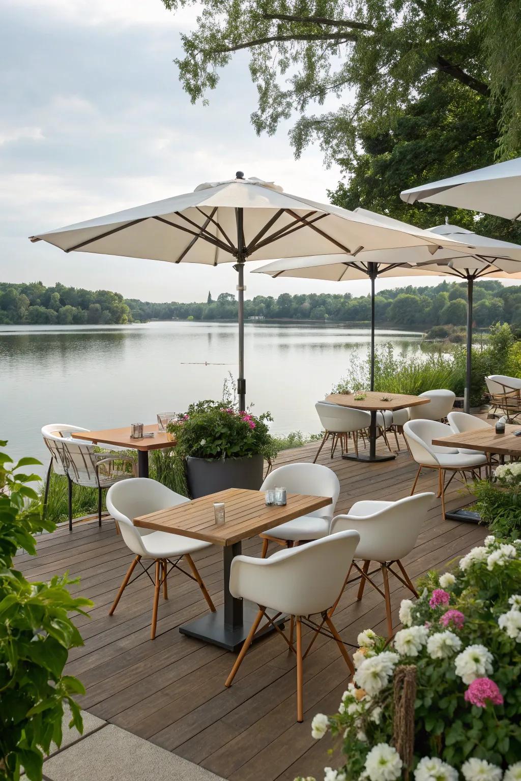 A chic dining setup that complements the lakeside ambiance.