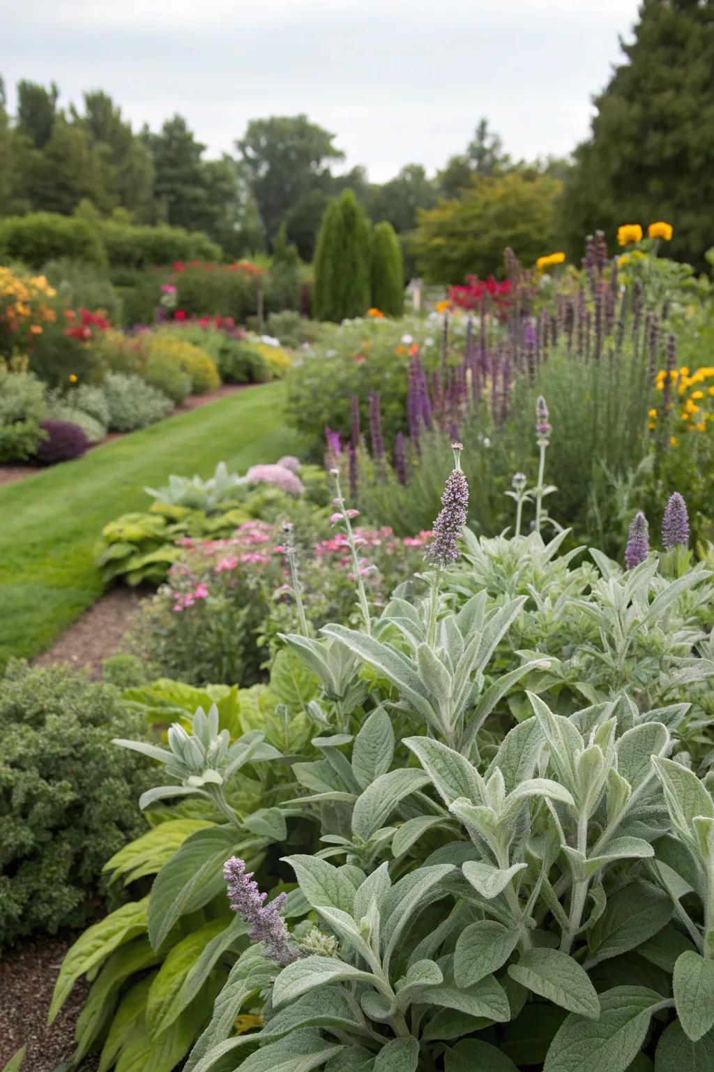 Lamb's ear adds depth to a beautifully layered garden.
