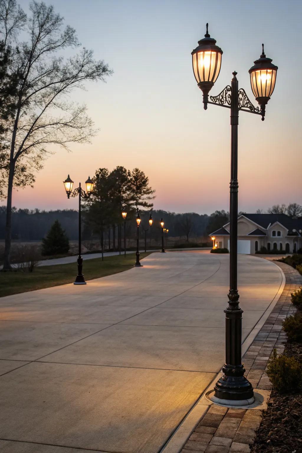 Dual lamp posts provide enhanced illumination for large areas.