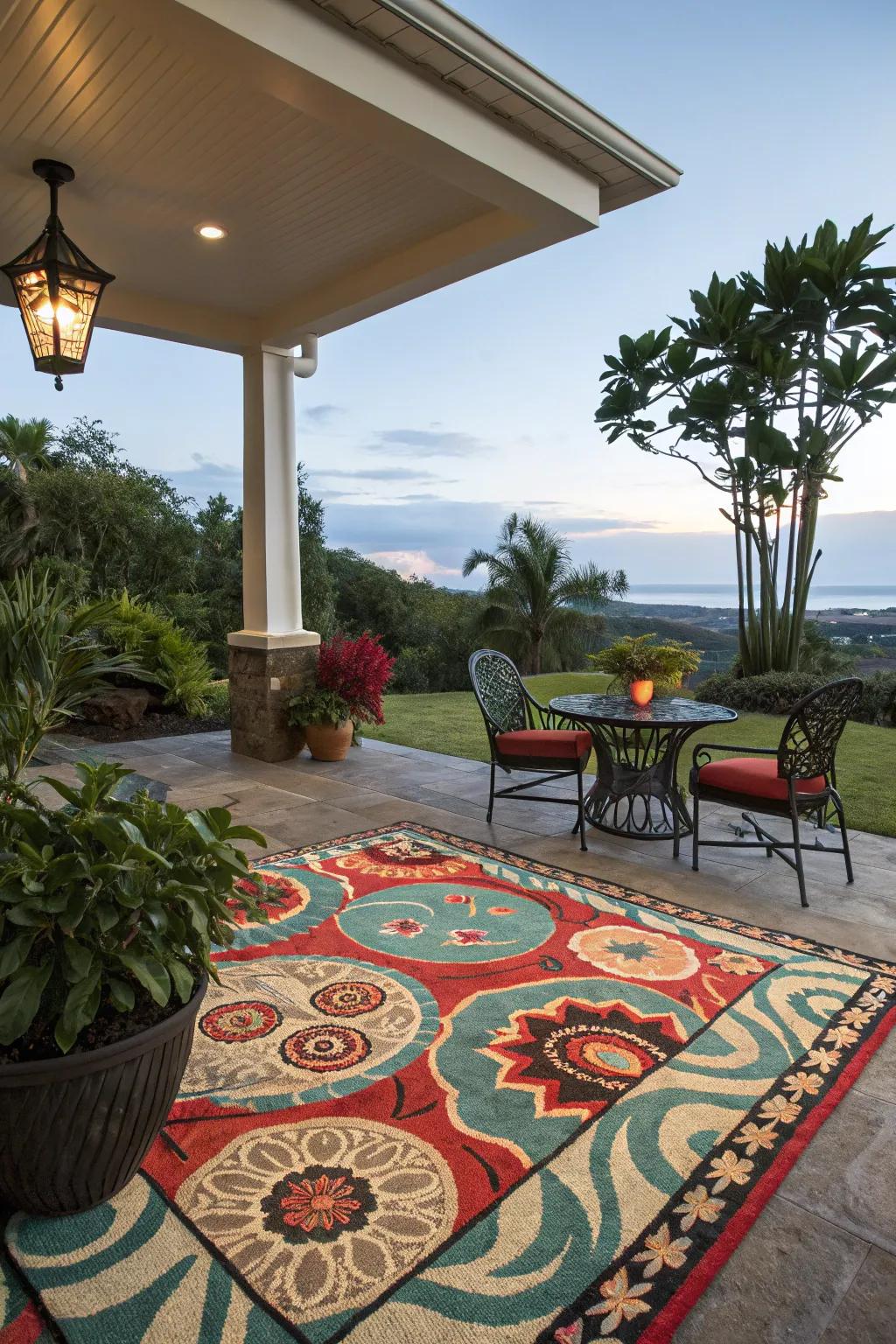 An outdoor rug adds texture and defines the space.