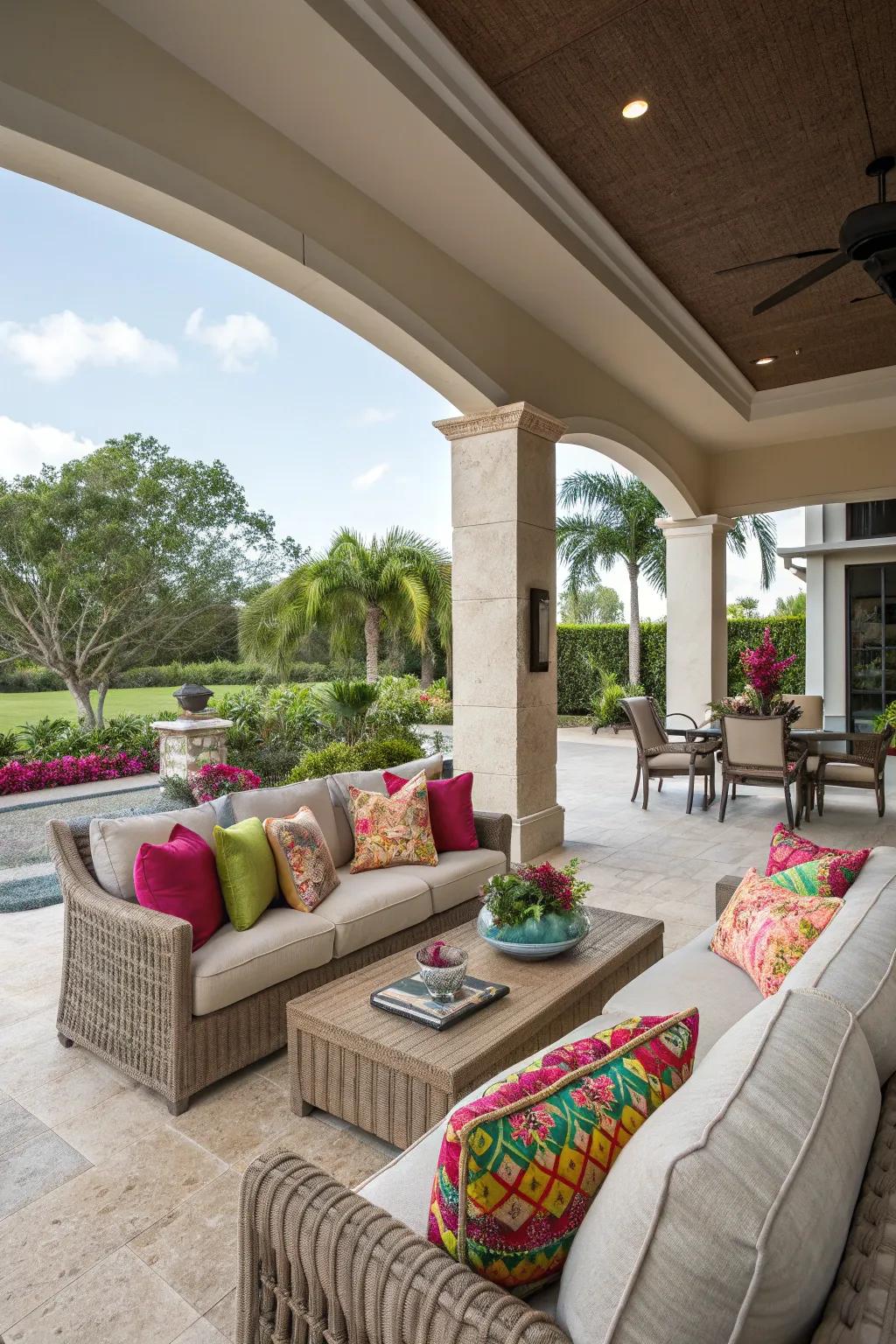 Incorporate pops of color into a neutral-themed lanai.