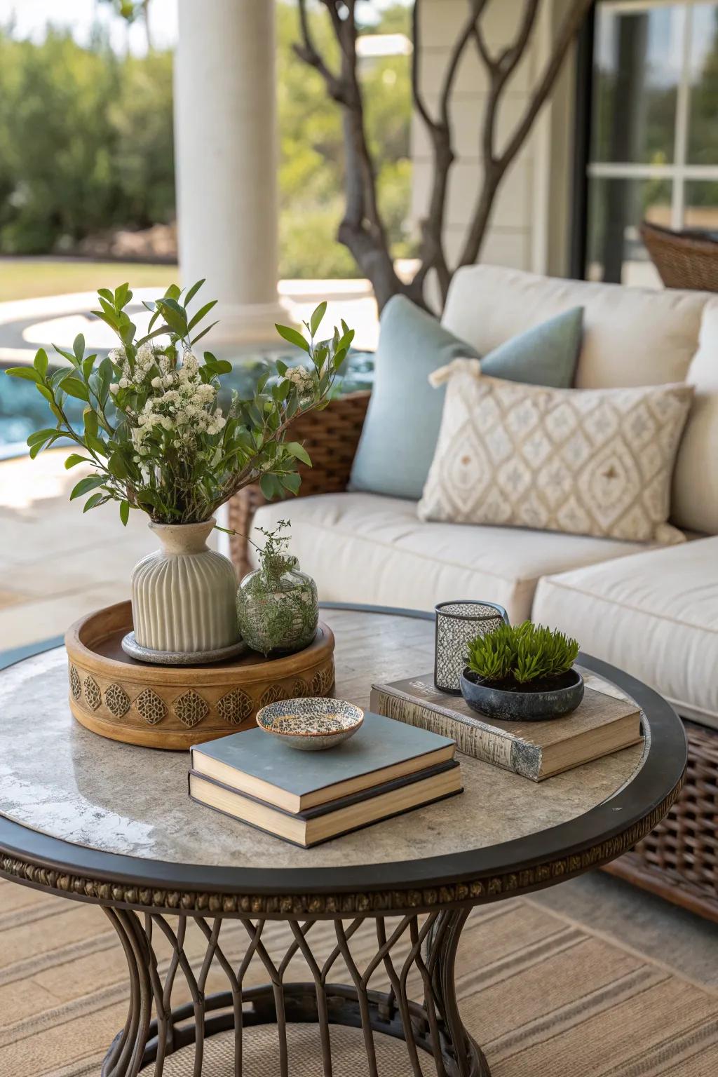 A coffee table adds charm and utility to your lanai.