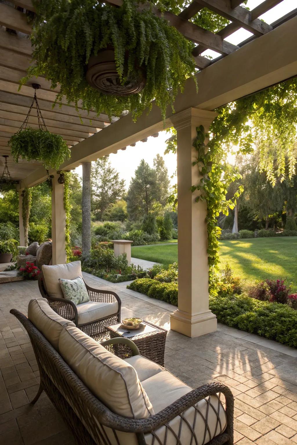 A shaded lanai with a pergola and hanging plants creates a cozy retreat.