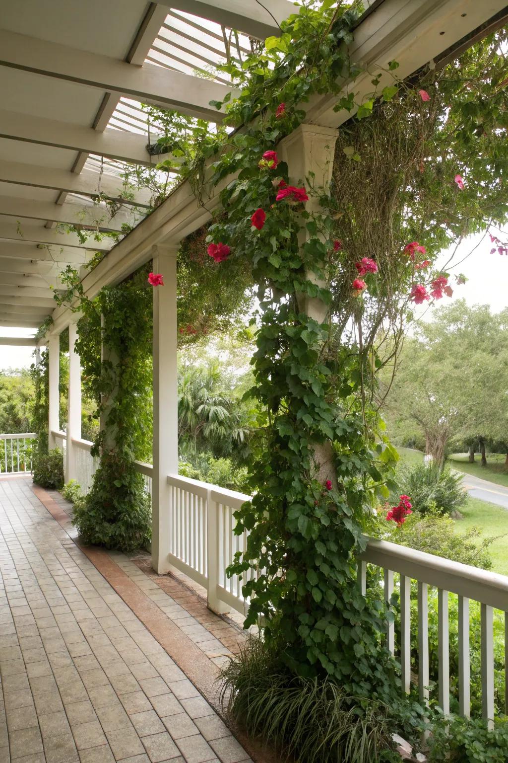 Trellises with climbing plants enhance privacy and aesthetics.