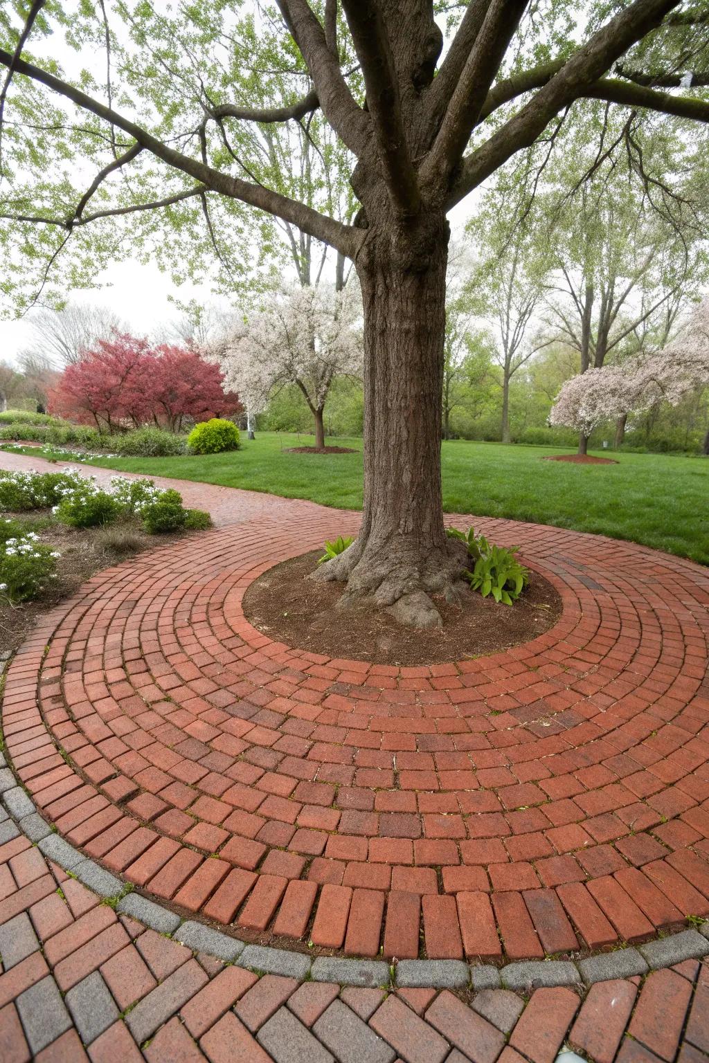 Brick pavers forming a striking circle around a tree.