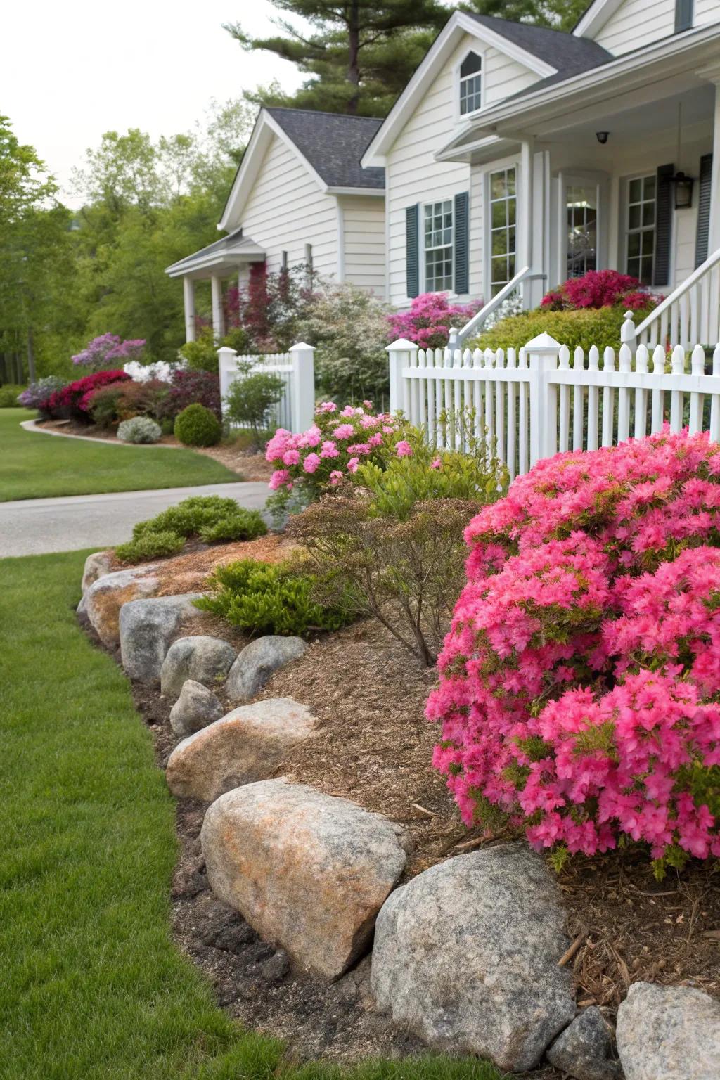 Front yard with vibrant Encore Azaleas boosting curb appeal.