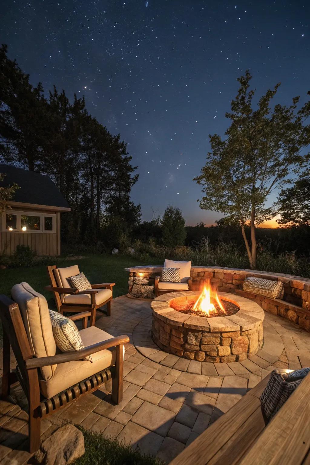A cozy stone fire pit perfect for gatherings under the stars.