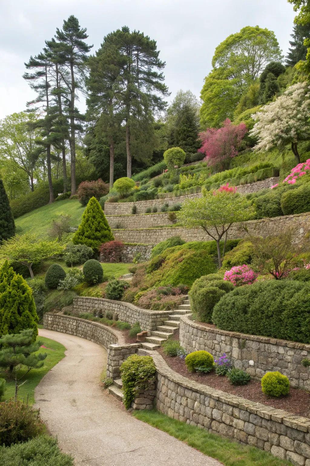 Terraced gardens with trees add dimension and interest.