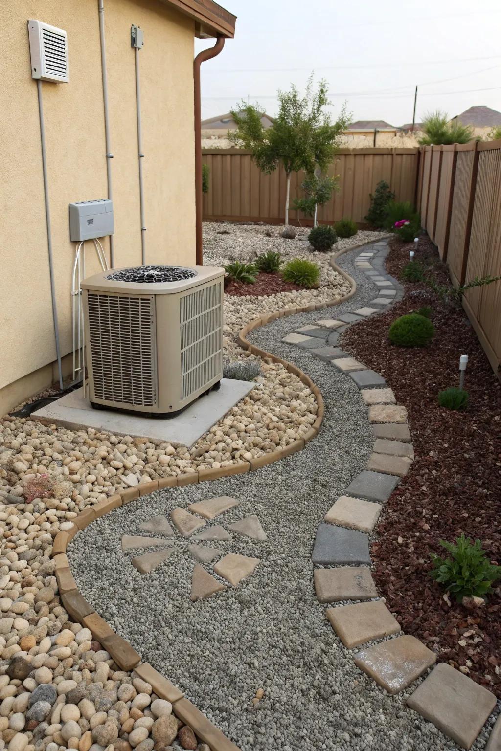 A sleek gravel garden providing a modern, low-maintenance backdrop for an AC unit.