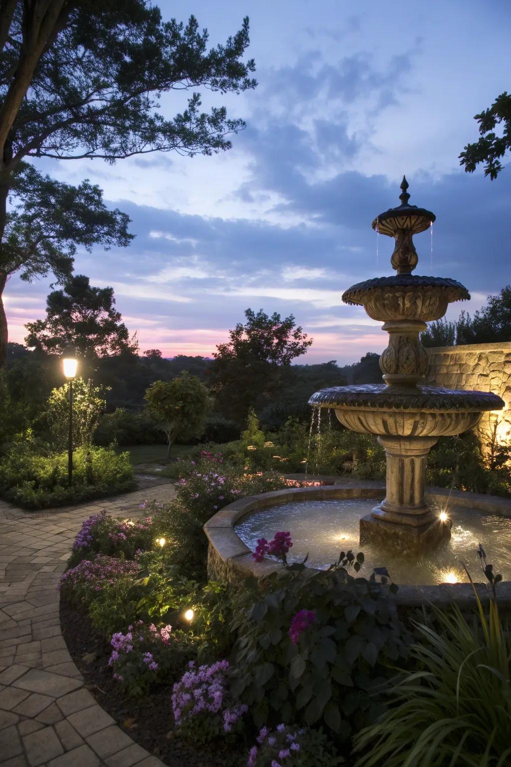 A garden fountain beautifully lit with soft ambient lights.