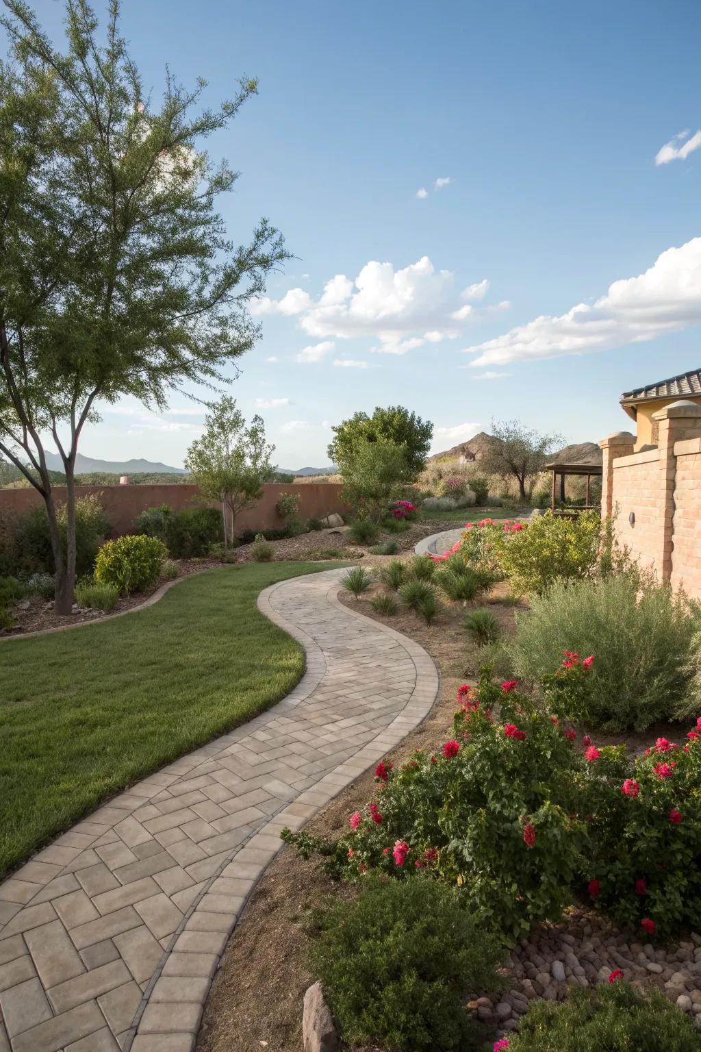 An elegant stone pathway winding through a beautifully landscaped backyard.