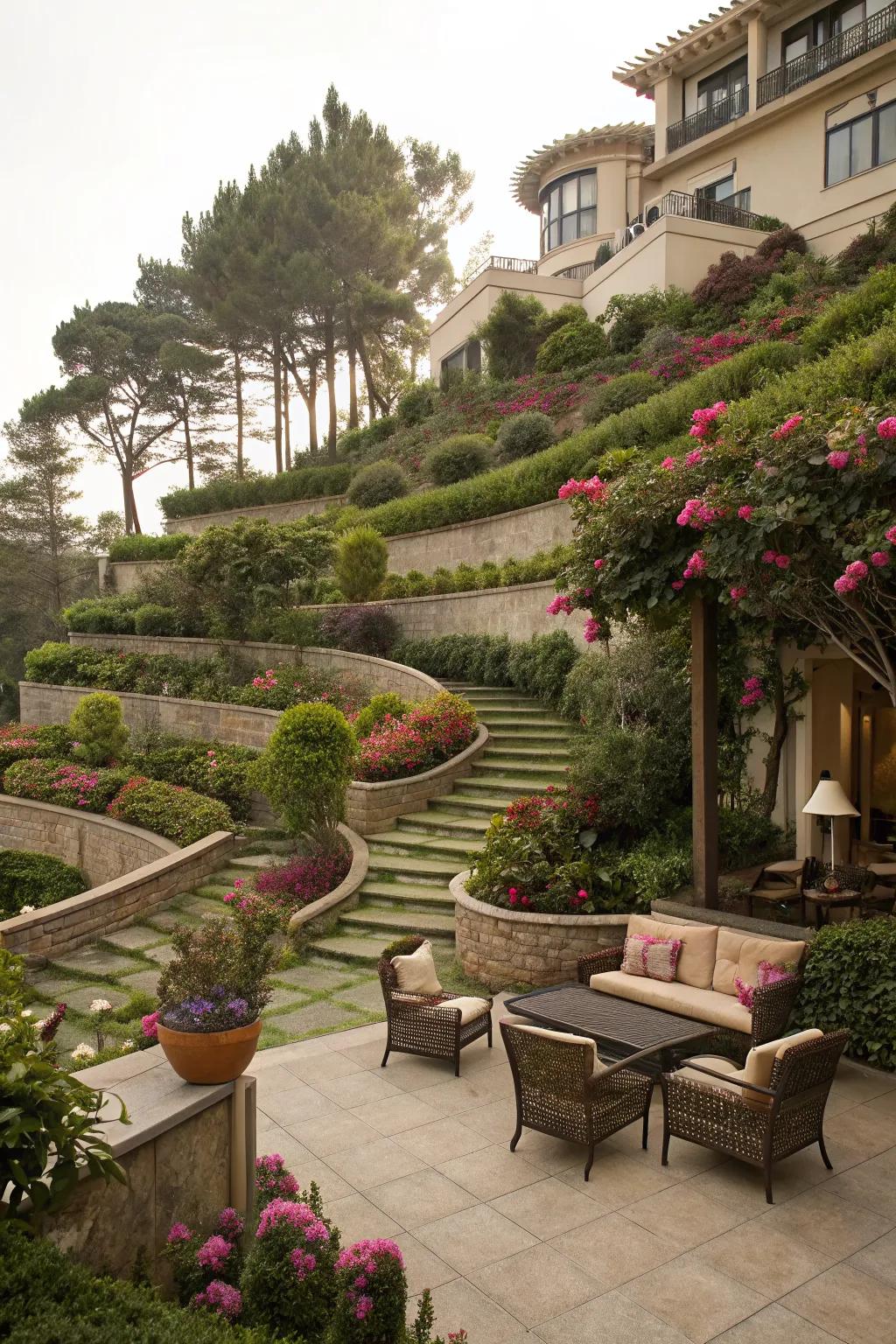 Terraced designs add depth and intrigue to patio landscaping.