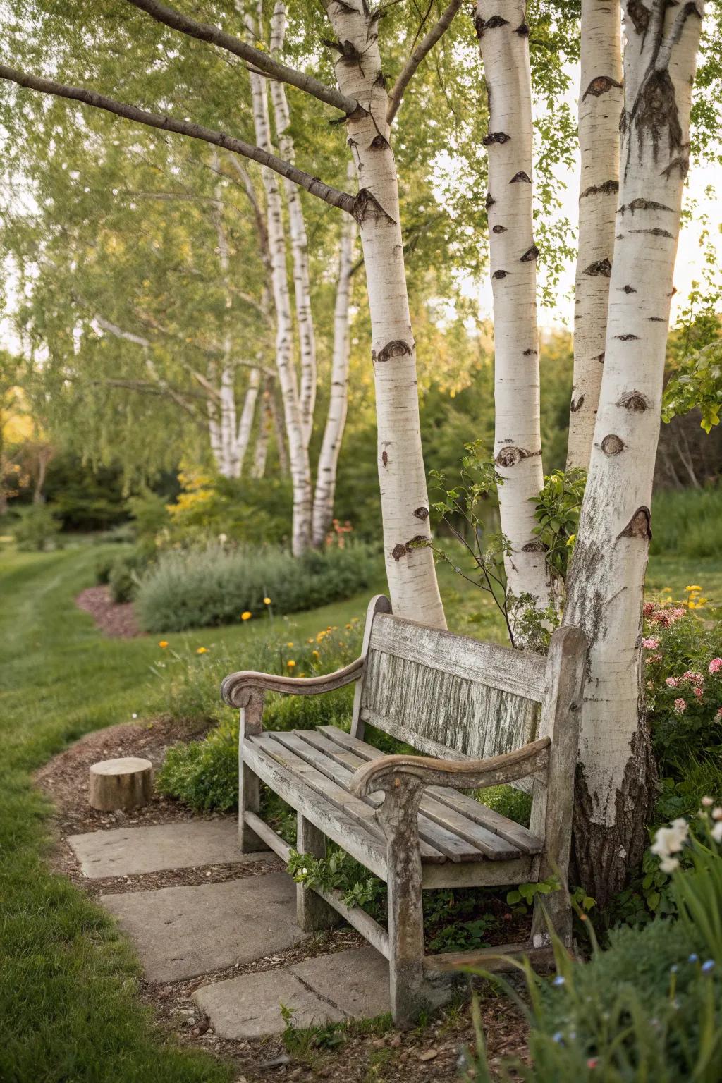 A garden bench invites relaxation and enjoyment amidst the beauty of birch trees.