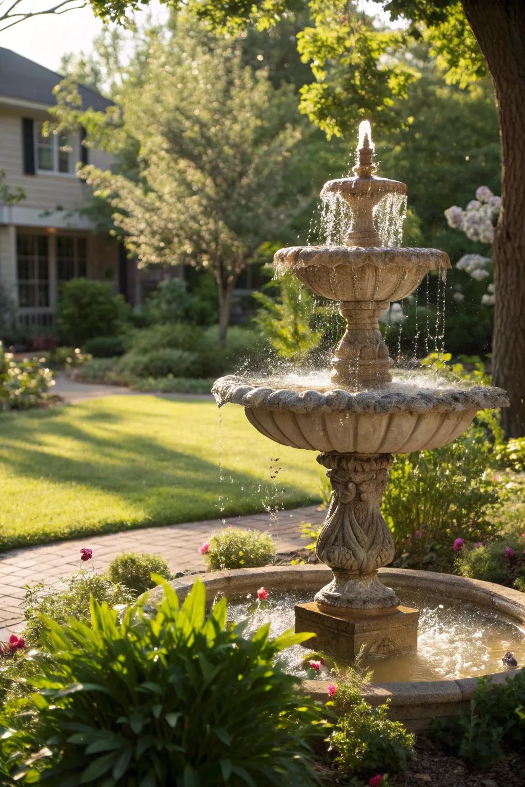 A small fountain adds serenity and sophistication to the landscape
