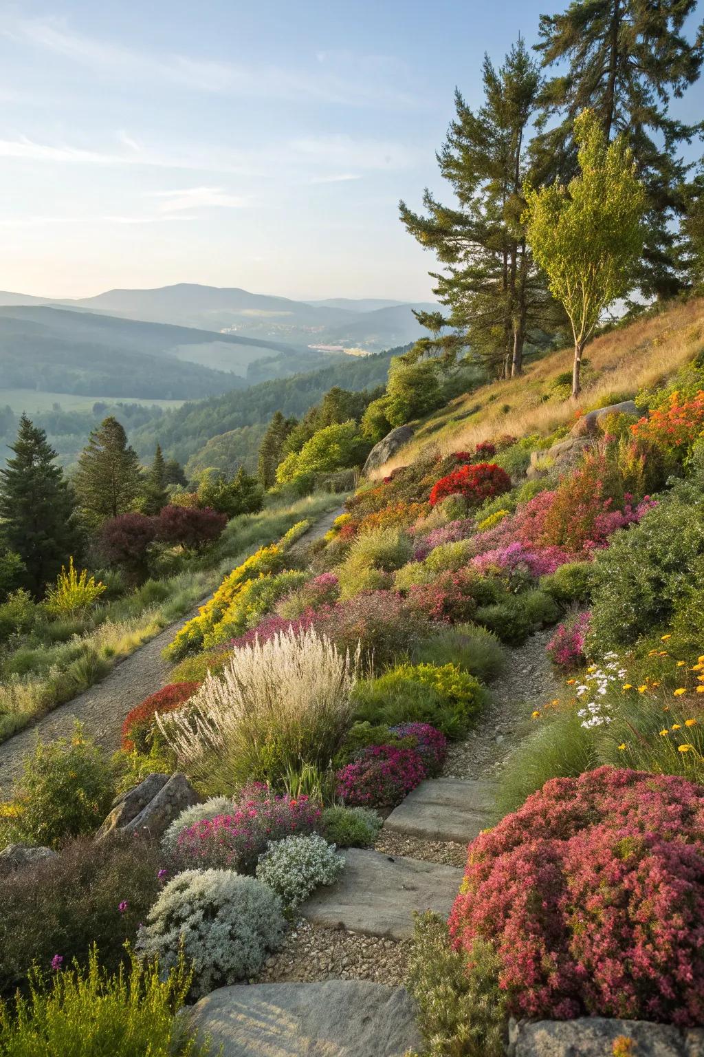 A diverse mix of plants brings texture and color to hillside gardens.