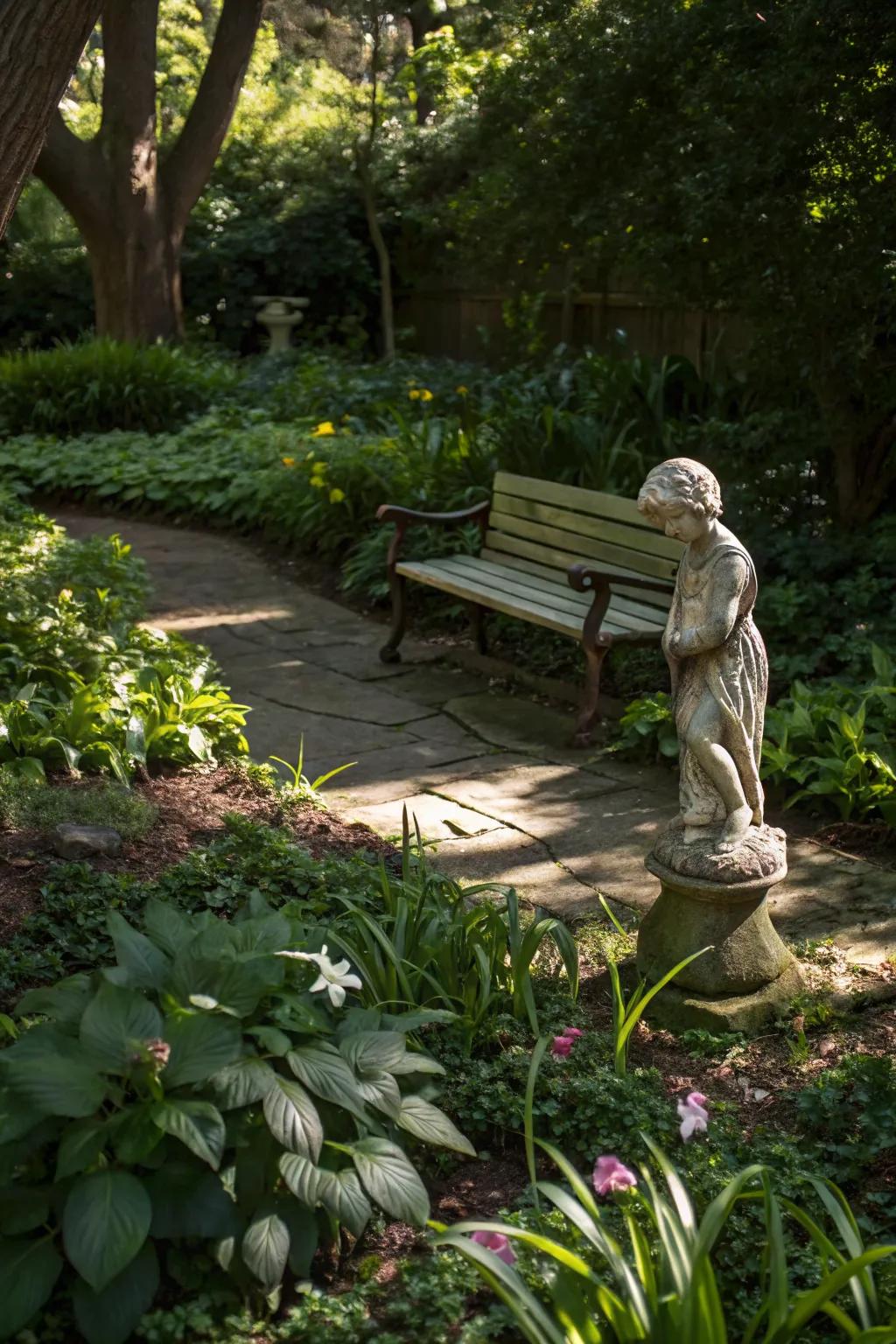 Ornamental features add character and charm to shaded gardens.