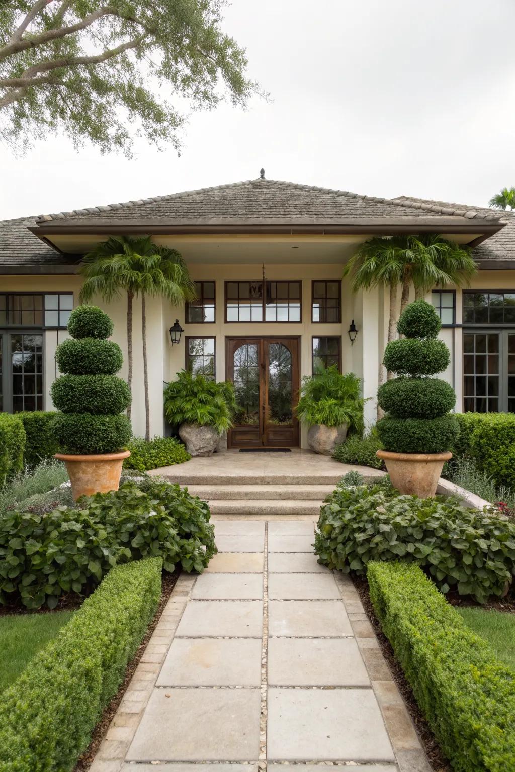 Symmetrical planting enhances the home's architectural lines.