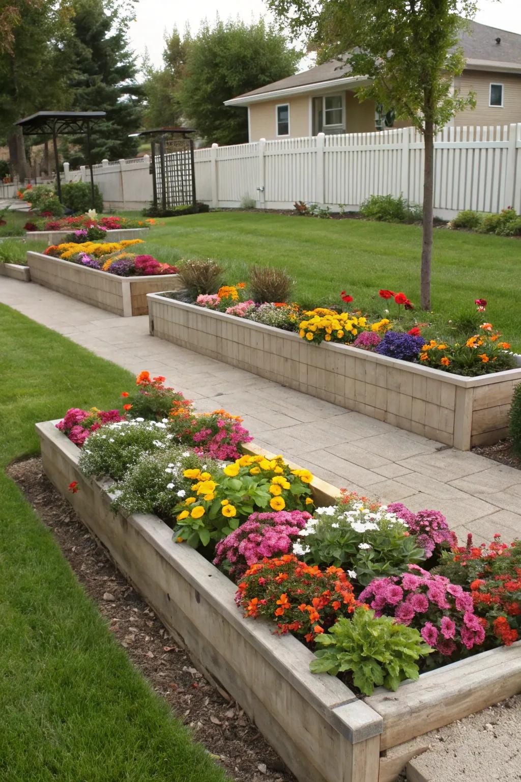 Raised plant beds bring height and color to this creative front yard design.