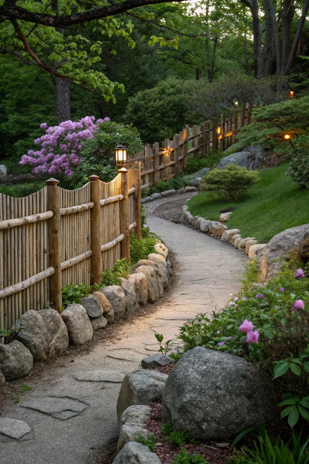 Natural elements like stones blend the fence into the landscape.