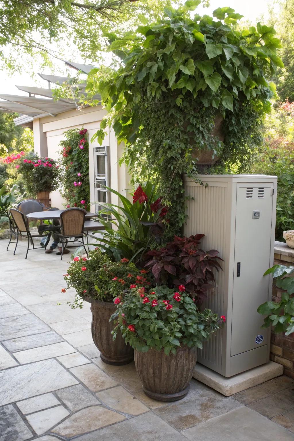Potted plants offer a flexible and stylish way to hide utility boxes.