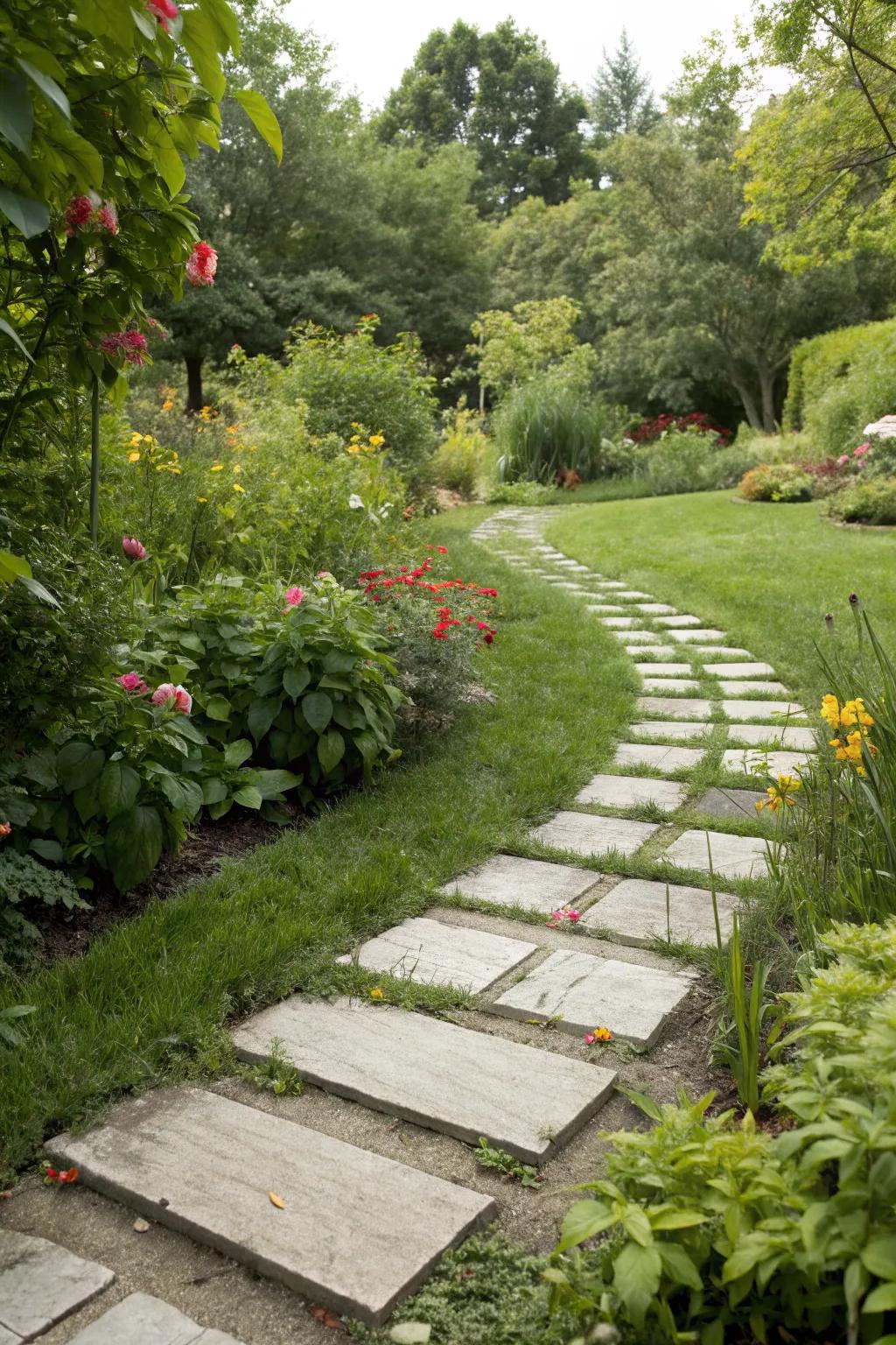 A charming garden pathway with cinder block stepping stones.