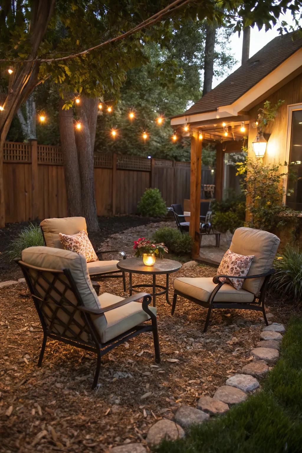 A cozy seating area highlighted by mulch.