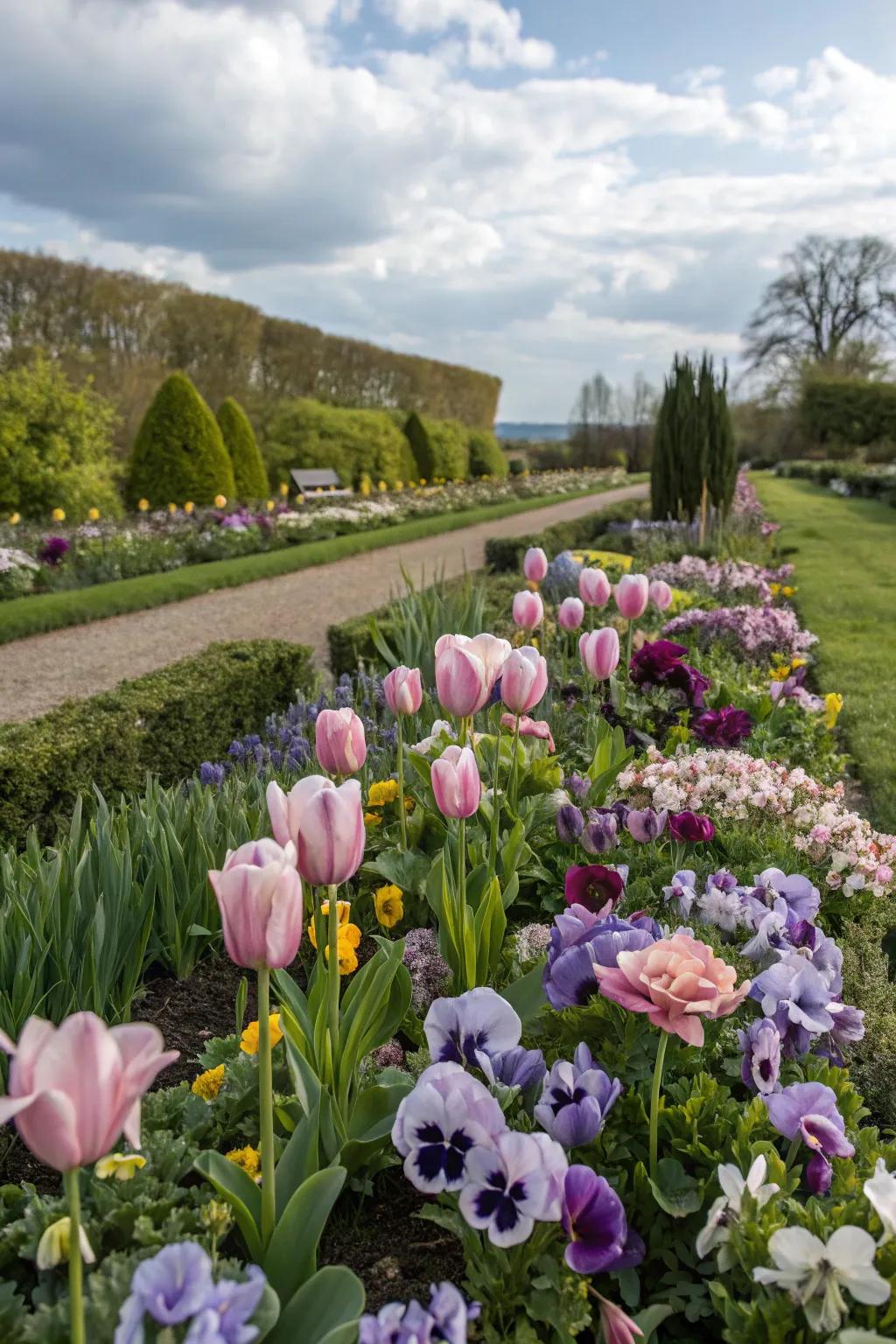 A spring garden with pansies and tulips in harmony.