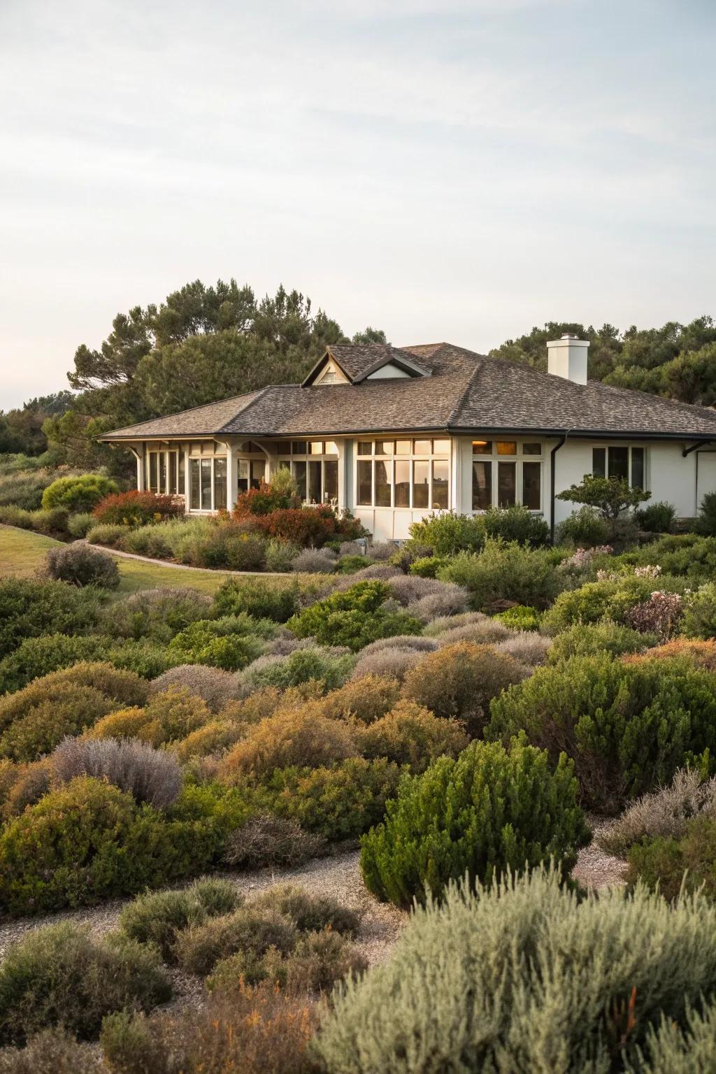 A ranch-style home surrounded by lush shrubs for that perfect blend of structure and privacy.
