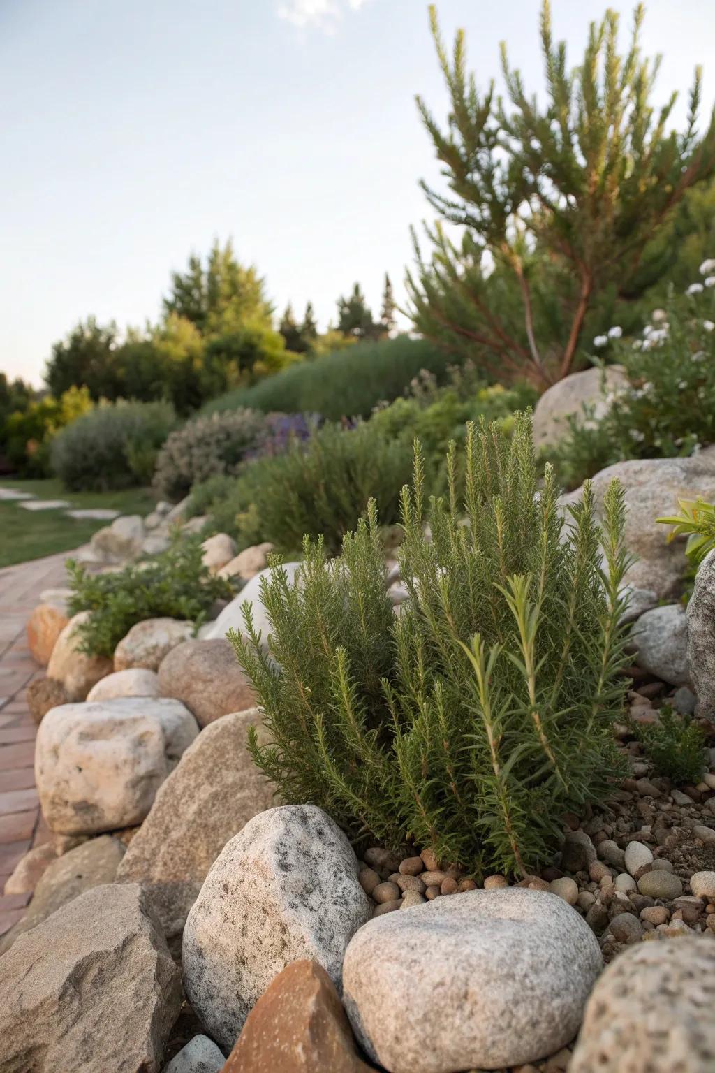 A rock garden with rosemary bushes nestled among stones.