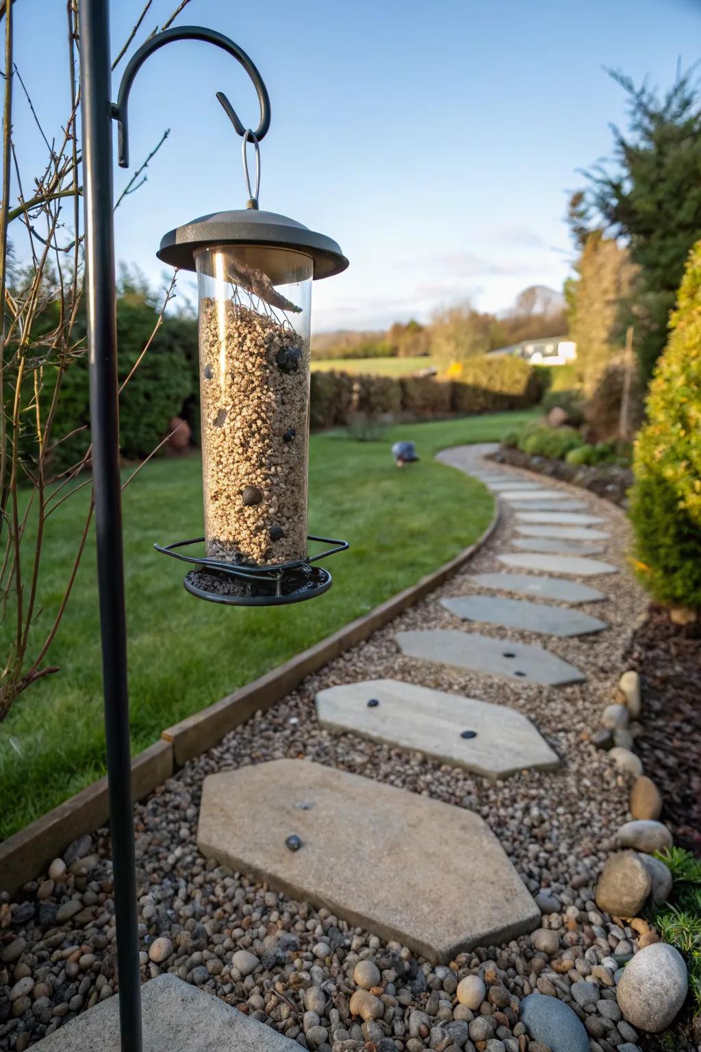 Decorative stones add elegance and functionality under bird feeders.
