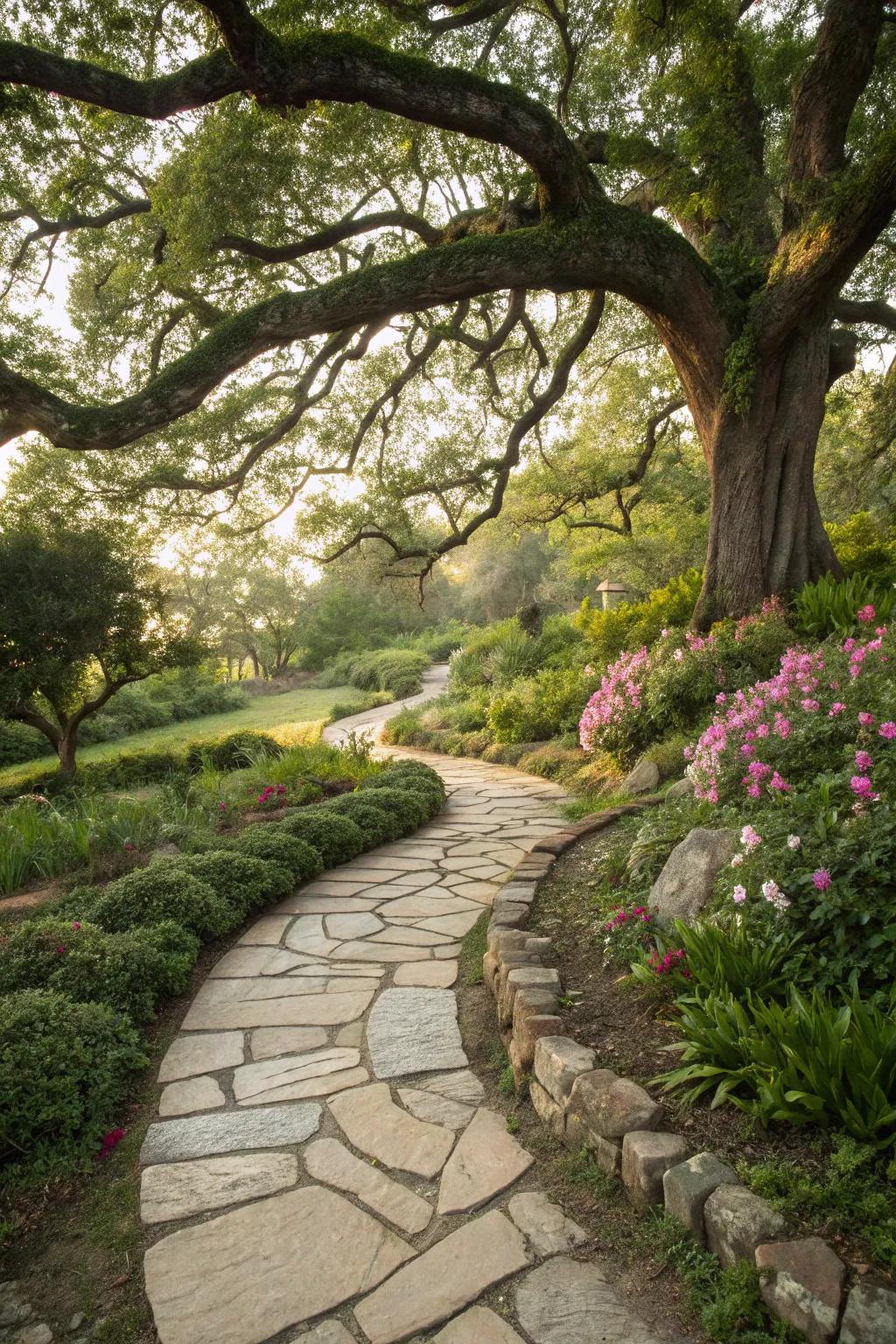 Elegant stone pathways winding through a garden beneath an oak tree.