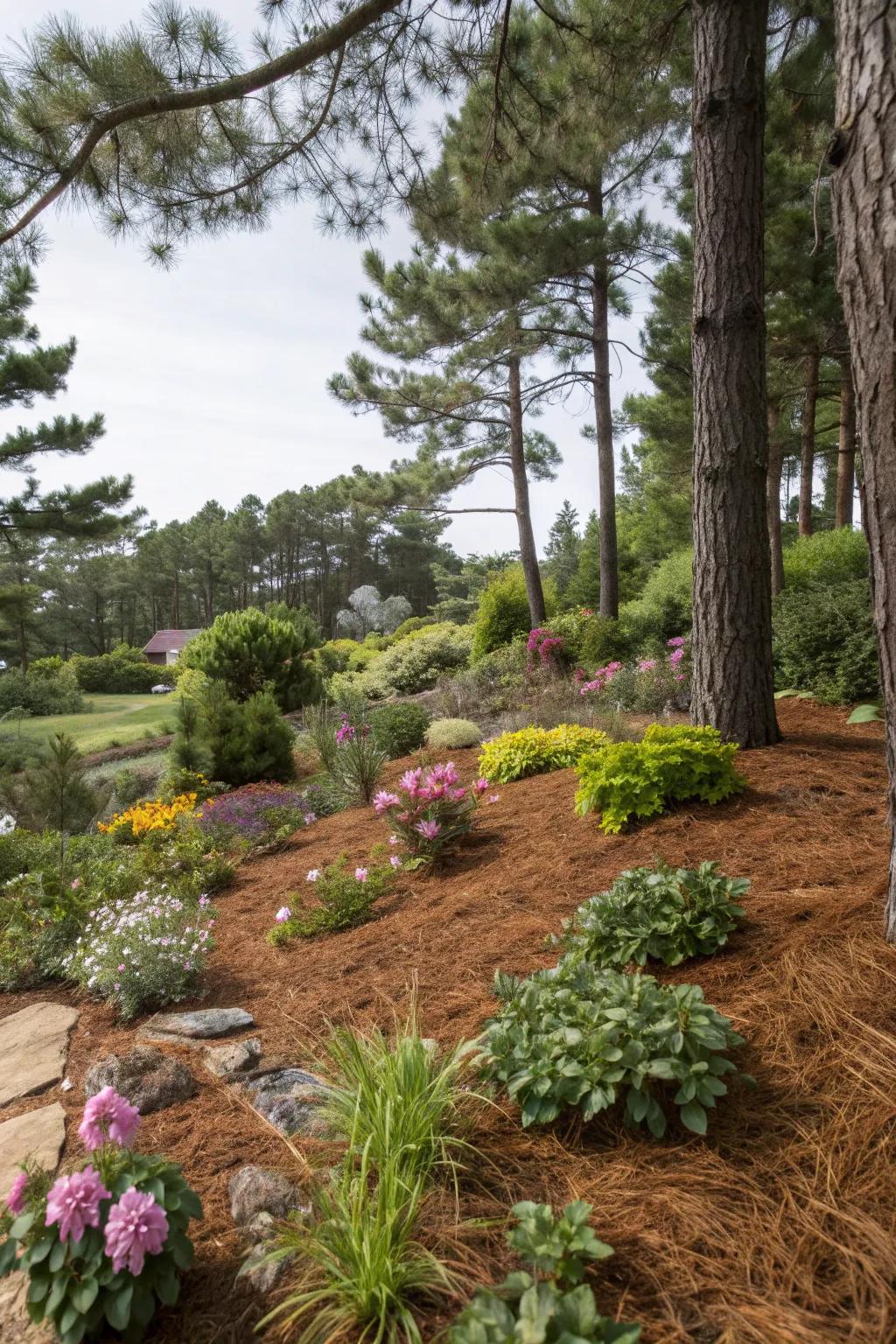 Pine needle mulch adding both form and function to the garden.