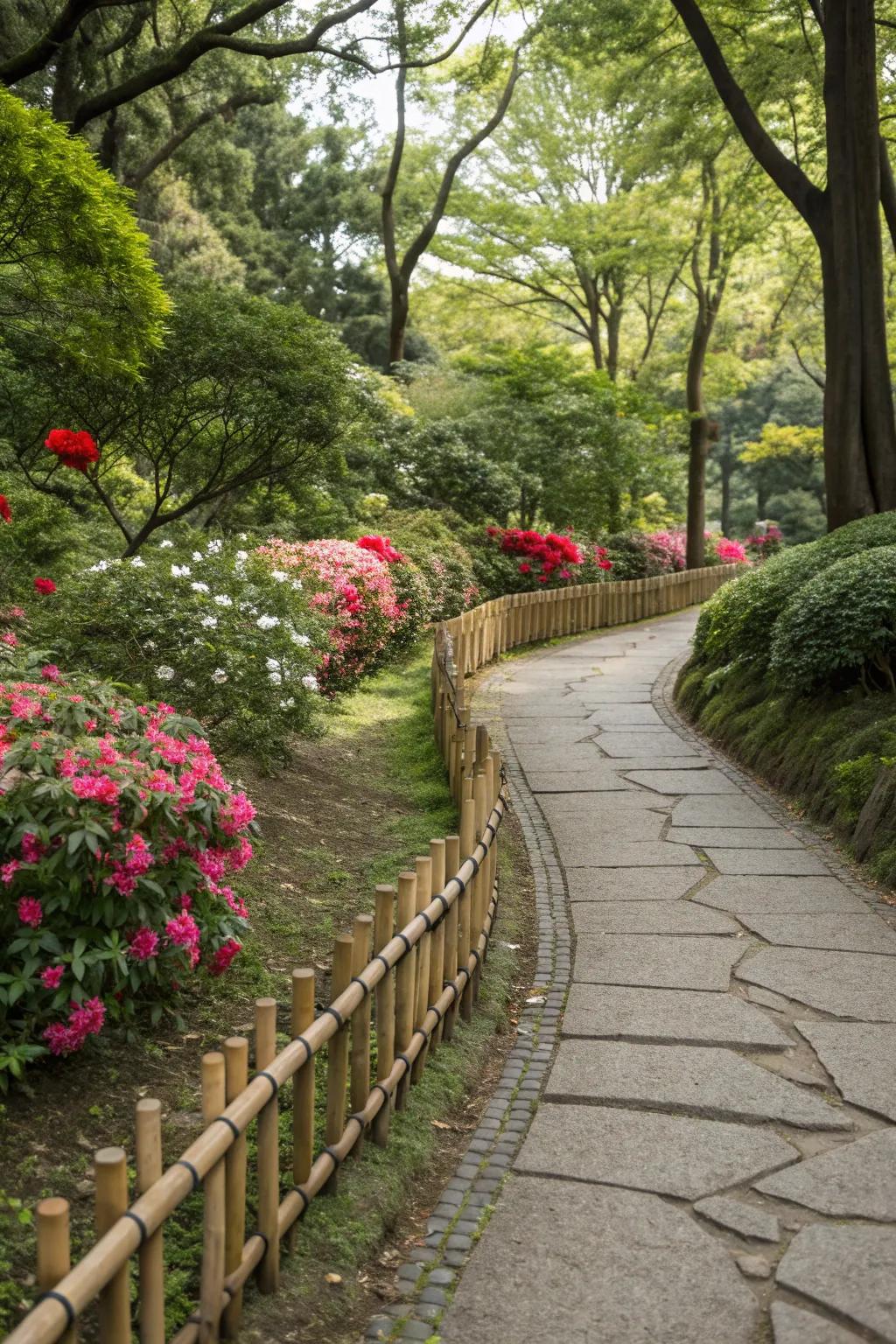 Stylish bamboo fences create enchanting borders for your garden paths.