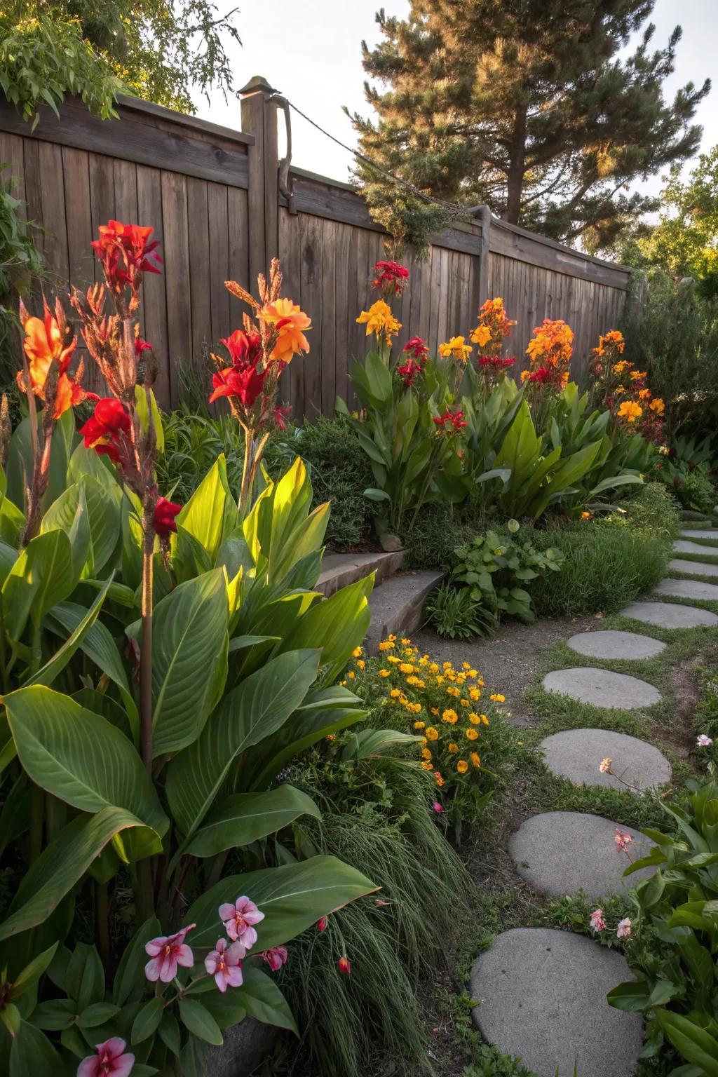 Canna lilies in a backyard garden setting