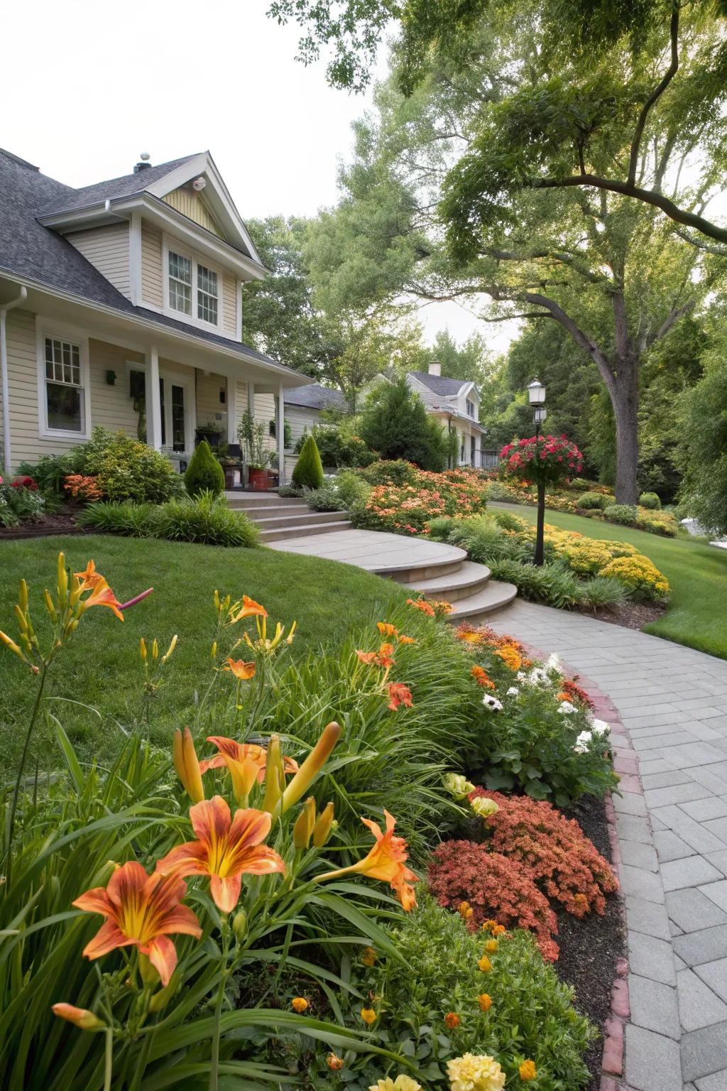 Front yard charm with daylilies.