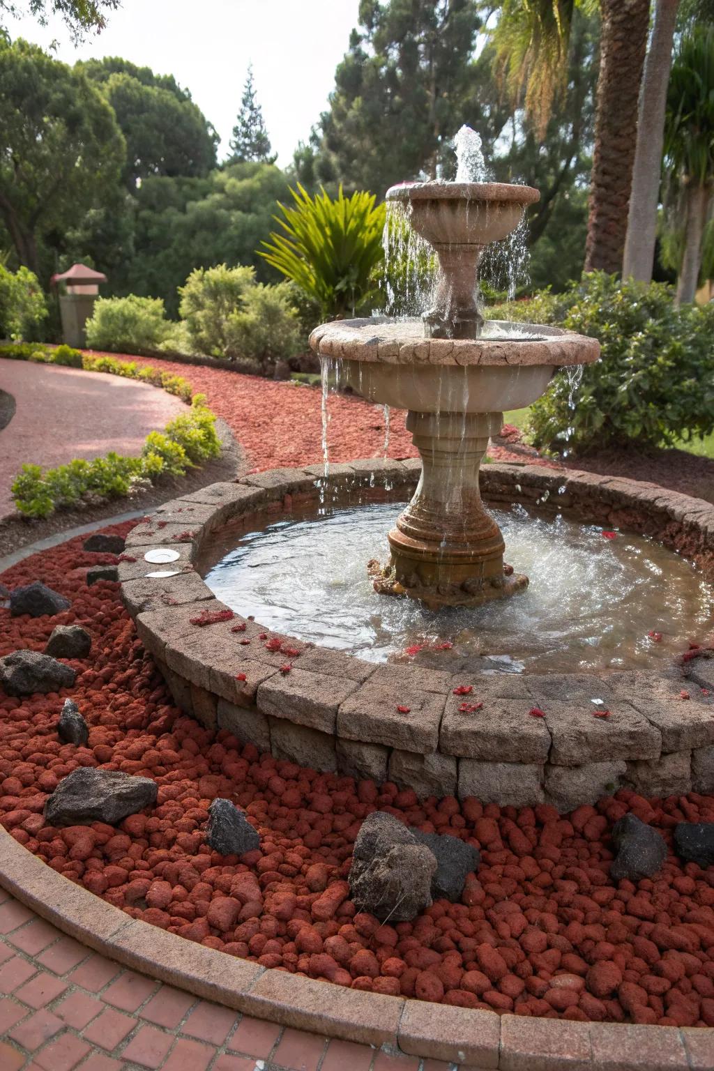 Red lava rocks highlight garden features like fountains.