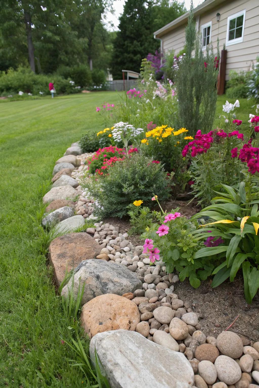 Rock borders can elegantly separate different garden zones.