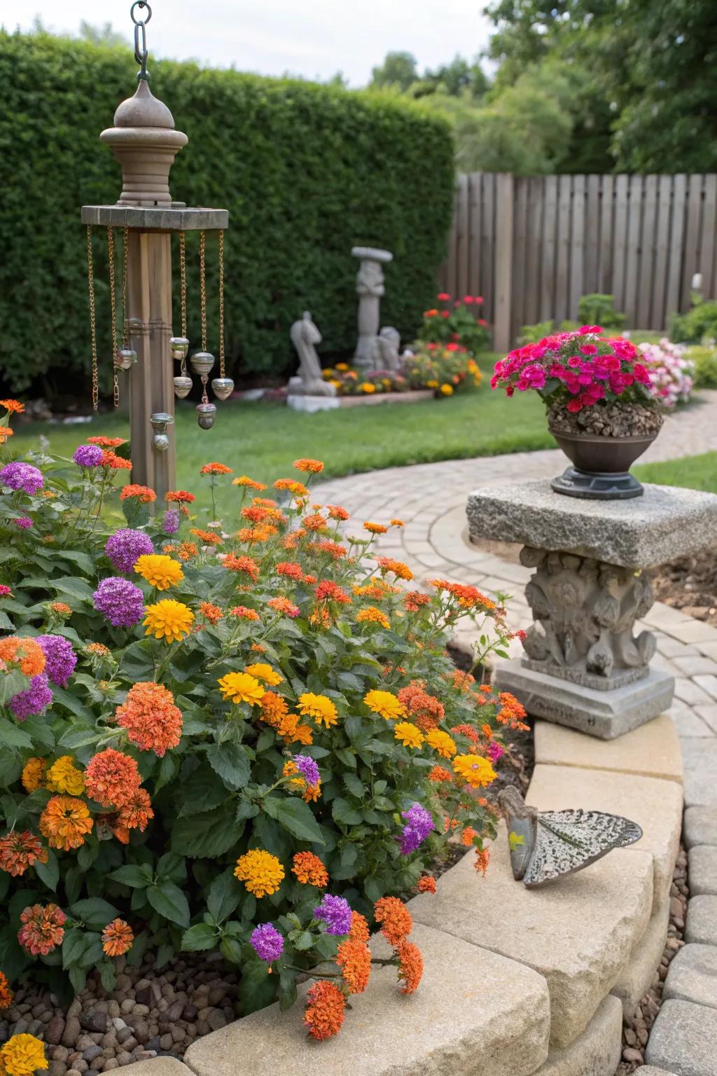 Decorative stone features enhancing the visual appeal of a lantana flower bed.