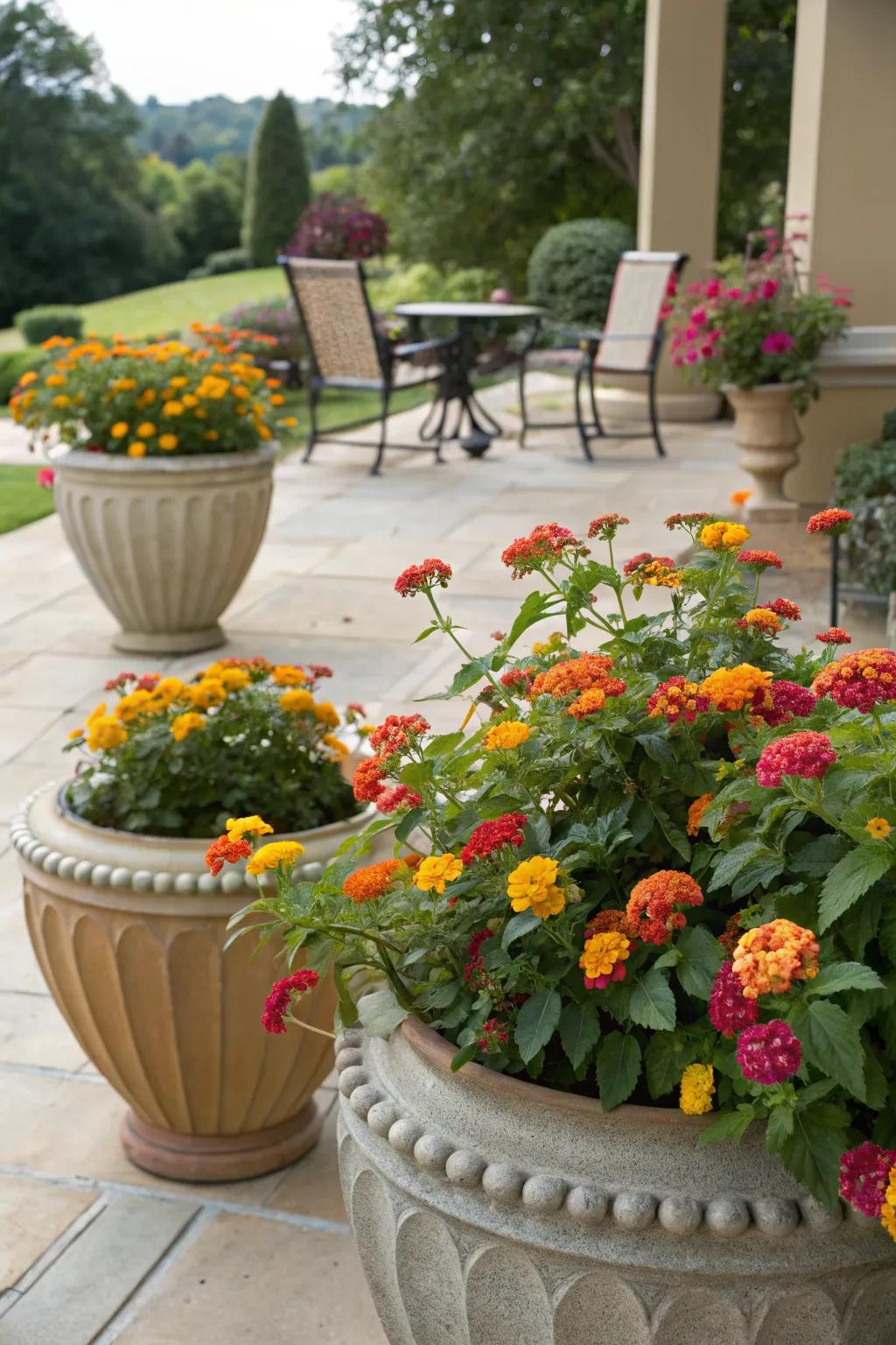 Lantana in decorative pots adds charm to patios.