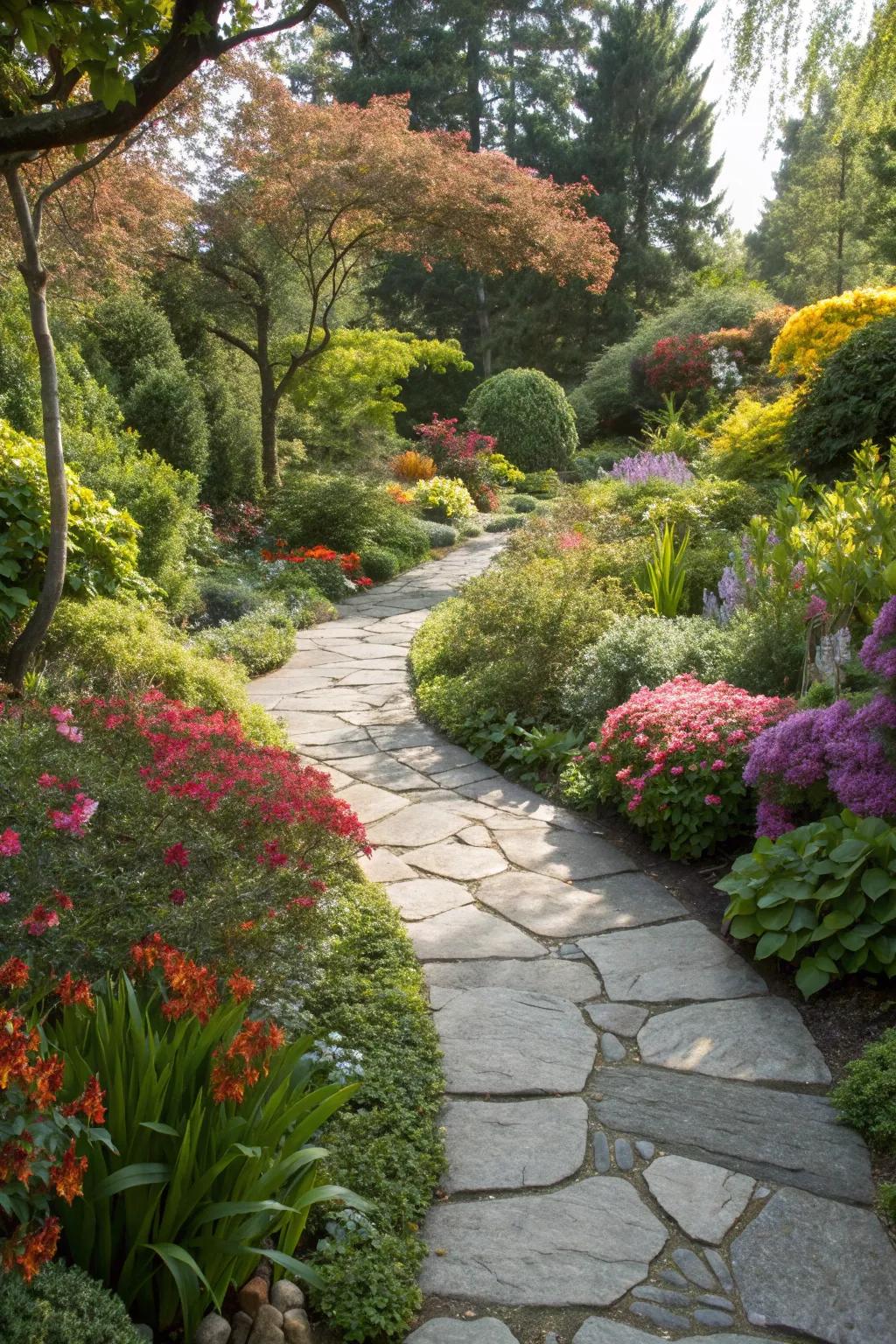 Stone walkways enhance garden navigation.