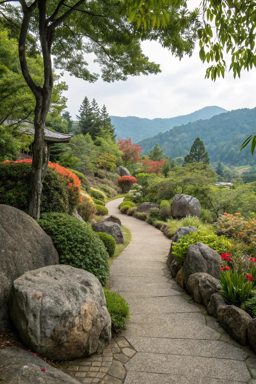 Boulder-lined pathways add a rugged charm to garden strolls.