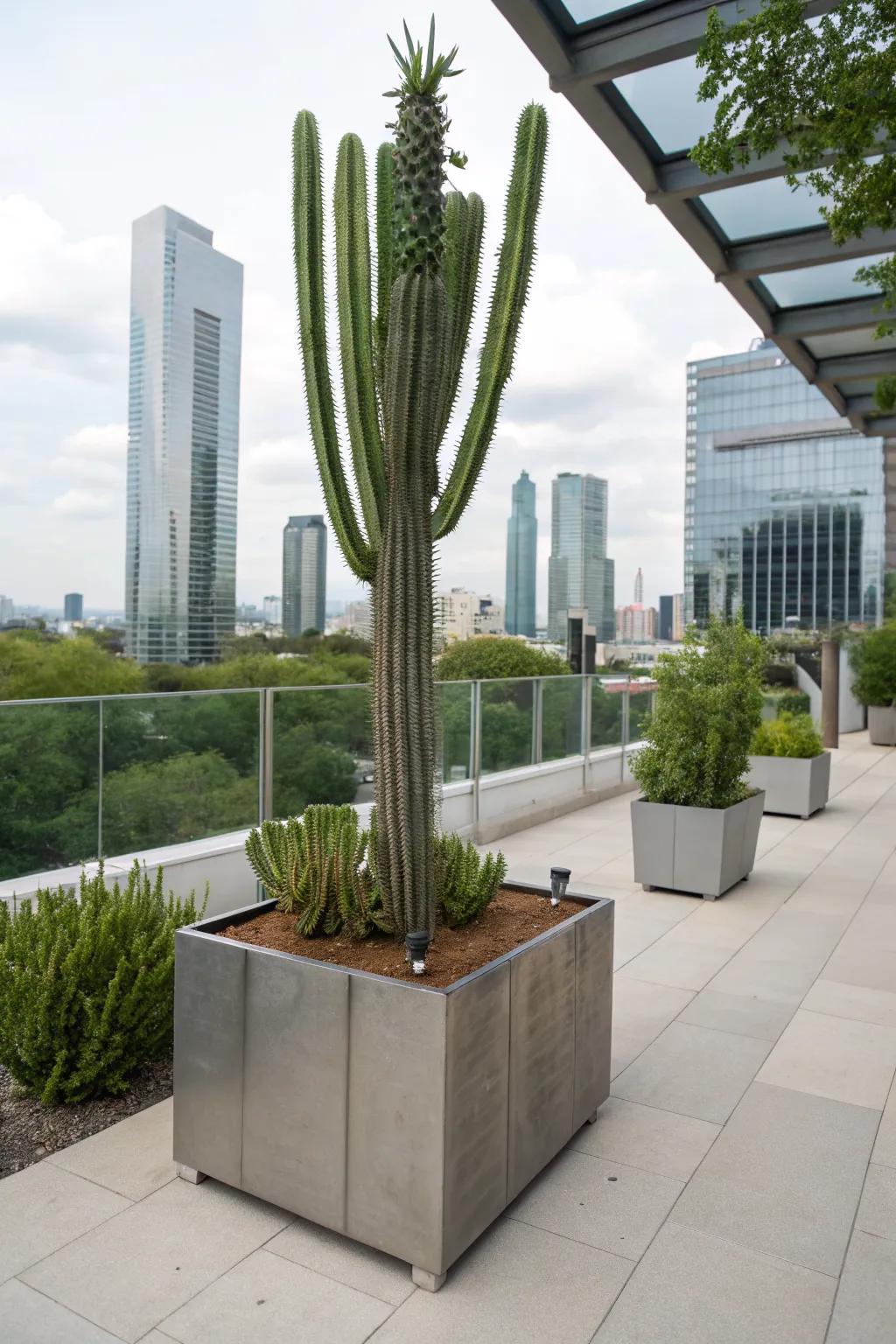 Metal planters bring an industrial edge to cactus displays.