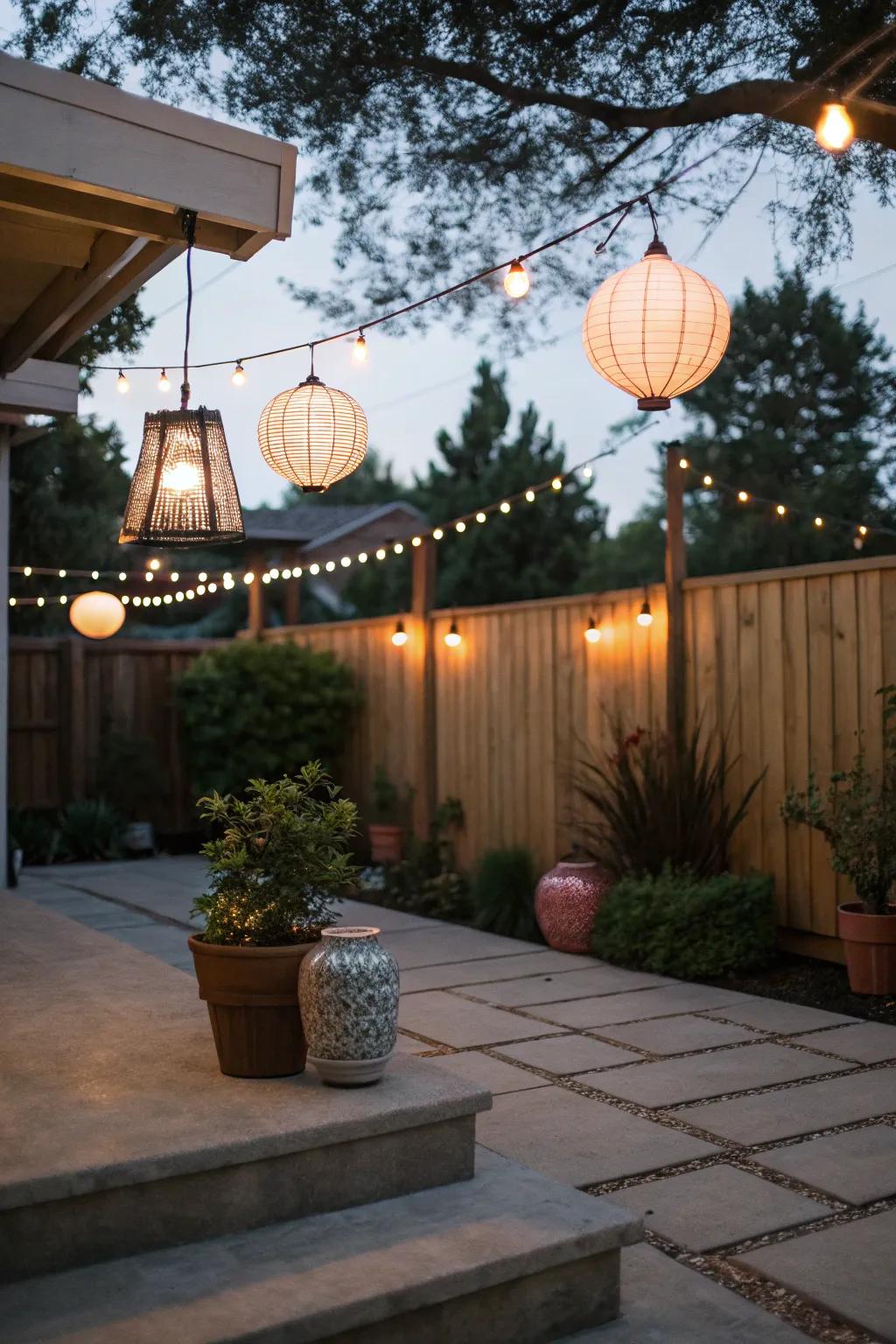 String lights and lanterns set a magical ambiance for evening relaxation.
