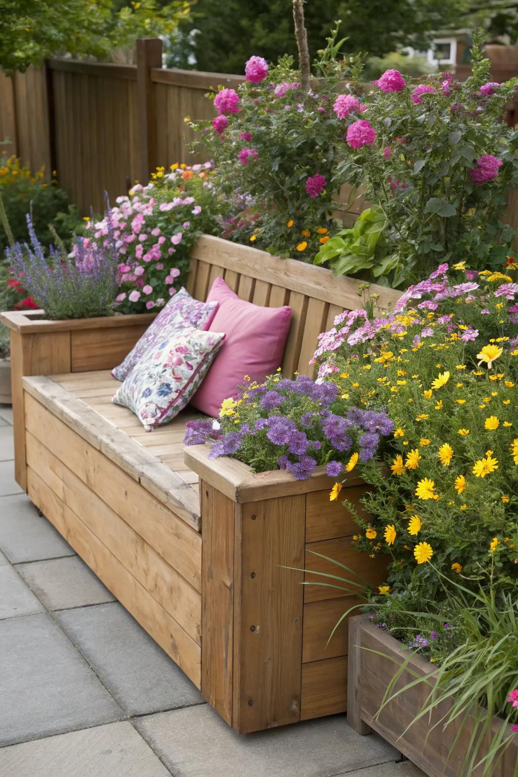 Planter boxes with seating offer comfort and beauty.